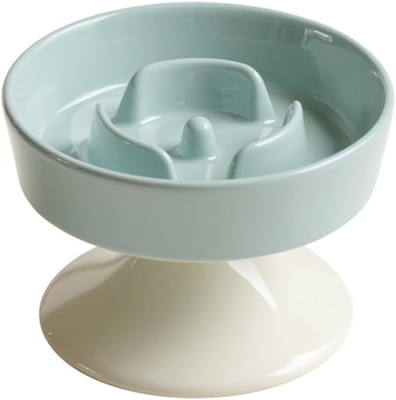 Ceramic Slow Feeder Cat Bowl, Raised Puzzle Feeder, anti Vomiting Cat Slow Feeder, Elevated Food Bowl, Whisker Friendly Cat Bowl (Green,White) image number 2