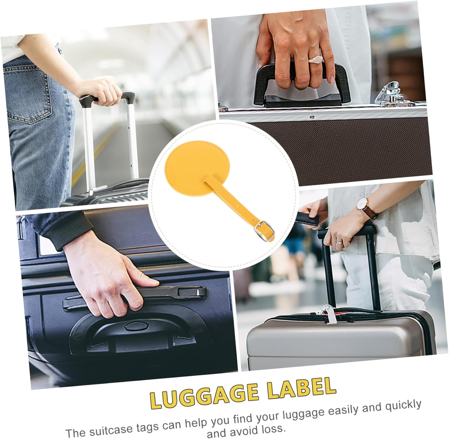 2 Pcs round Pu Leather Luggage Tags Privacy Cover Bright Yellow/Amber Sturdy Travel Bag Id Labels for Suitcase and Backpack image number 3