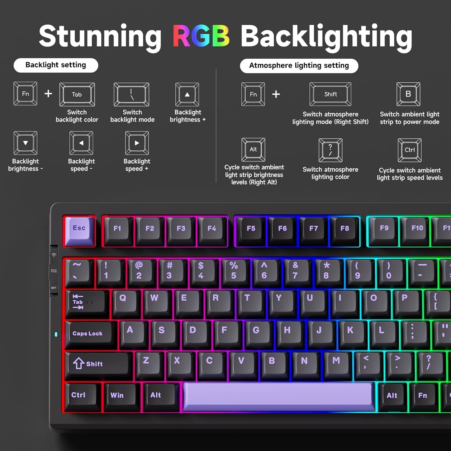 G98 PRO Wireless Mechanical Keyboard, Tri-Mode Connection Gaming Keyboard, Hot Swappable Custom Gasket Structure, Pre-Lubed Linear Switches, Double Shot PBT Keycaps RGB LED Backlit - Grayblue image number 6