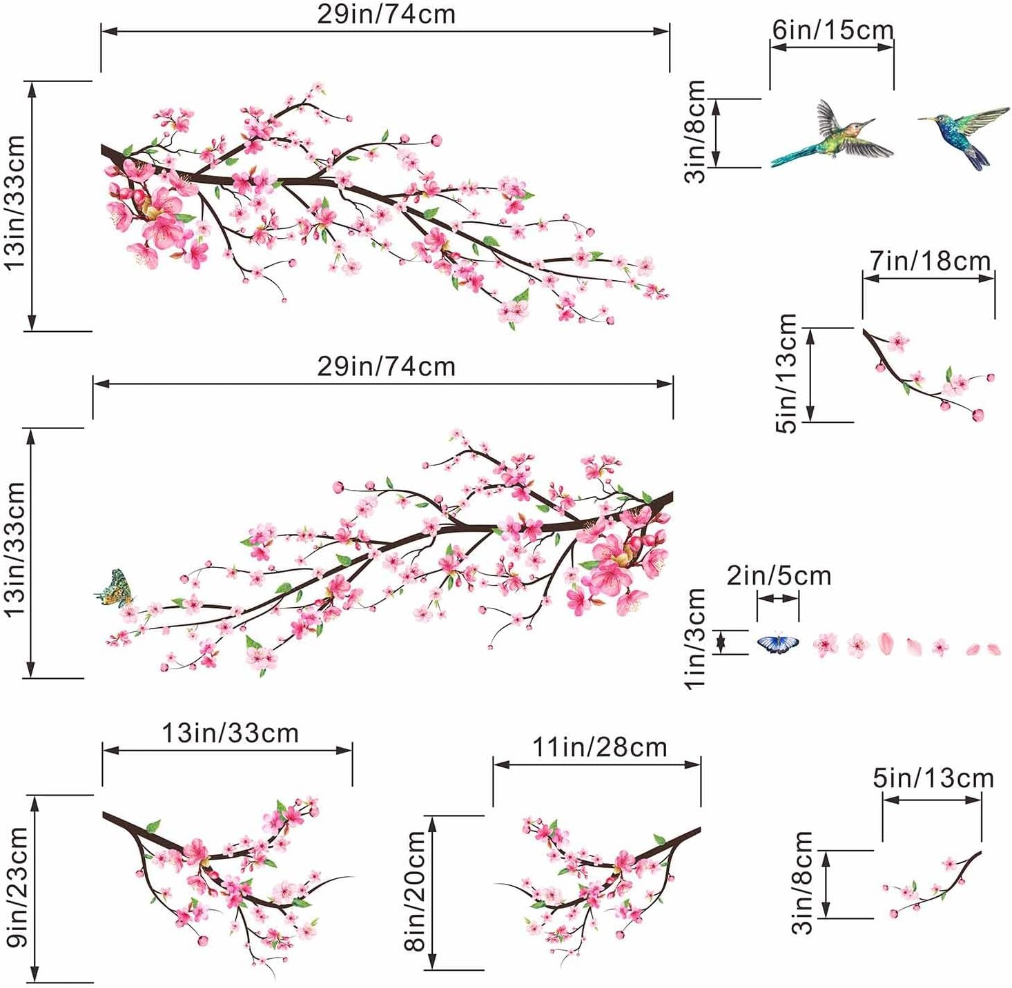 Amimagen Pink Watercolor Cherry Blossom Wall Stickers - Tree Branch Flower Birds Wall Decals - Bedroom Living Room Sofa TV Background Home Wall Decor image number 3