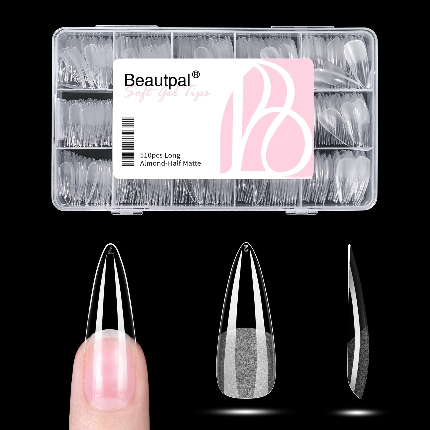 BEAUTPAL Long Stiletto Gel Tips 510Pcs Almond Press on Nails Pre-Shape Almond Nail Tips for Full Cover Acrylic False Nails for Nail Extension Nail Art, DIY Salon 15 Sizes Soft Gel Nail Tips