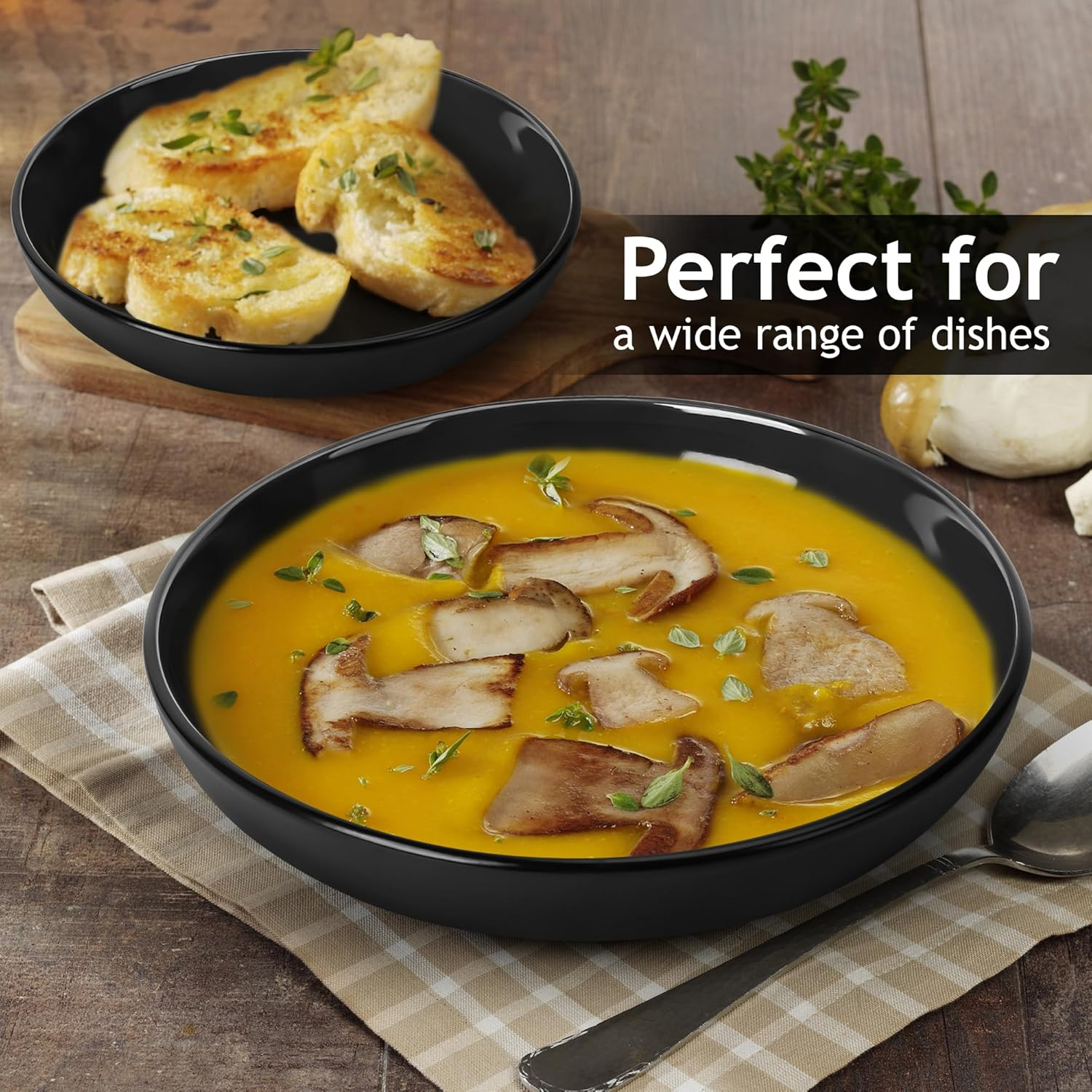 MIAMIO &ndash; 890 Ml Set of 6 Pasta Bowls/Salad Bowls, Pasta Plates Wide and Shallow Bowl, Large Ceramic Stoneware Deep Plate Serving Soup, Microwave and Dishwasher Safe - Le Papillon Collection (Black)