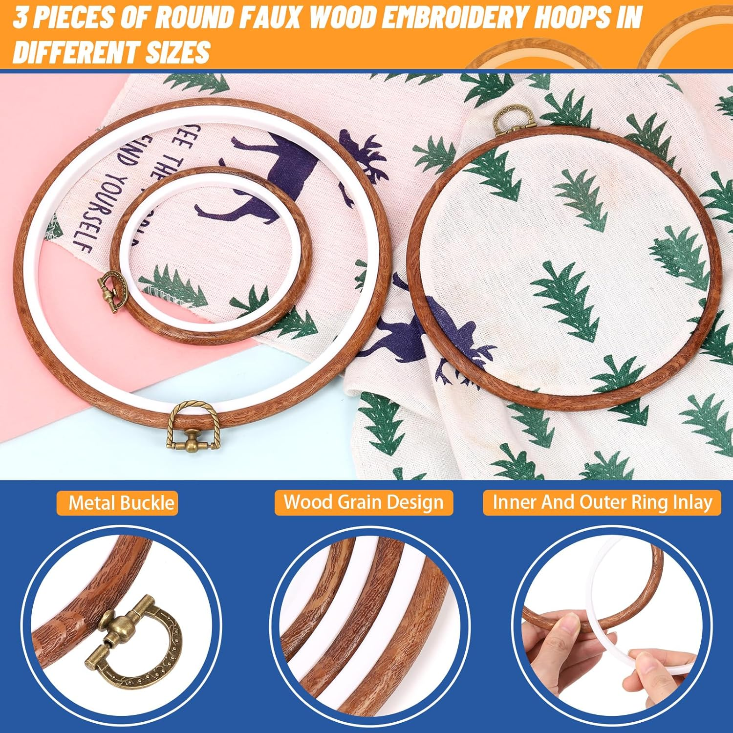 Glarks 3Pcs Circle Embroidery Hoops Set, 4.3In 6.69In 8.26In Imitated Wood Display Frame, Reusable Cross Stitch Hoop Ring with Mental Buckle Ideal for Art Craft DIY Sewing and Hanging Ornaments Decor image number 4