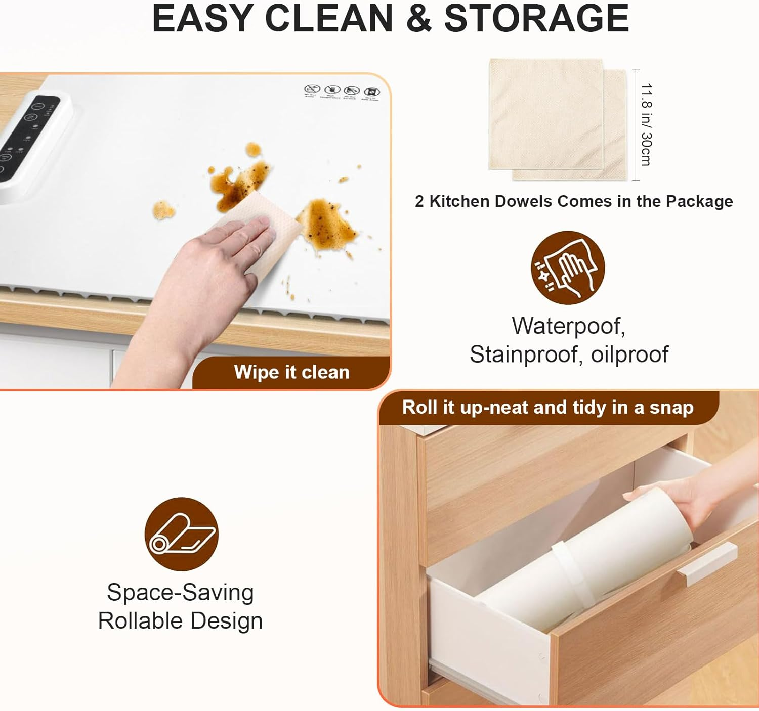 Zurligi Electric Food Warming Mat, with 2 Kitchen Towels, 61X38 Cm Portable & Rollable Silicone Warming Tray, Full Surface Heating, 3 Temperature Settings (60&deg;C/80&deg;C/100&deg;C)- Australian Plug - White image number 6