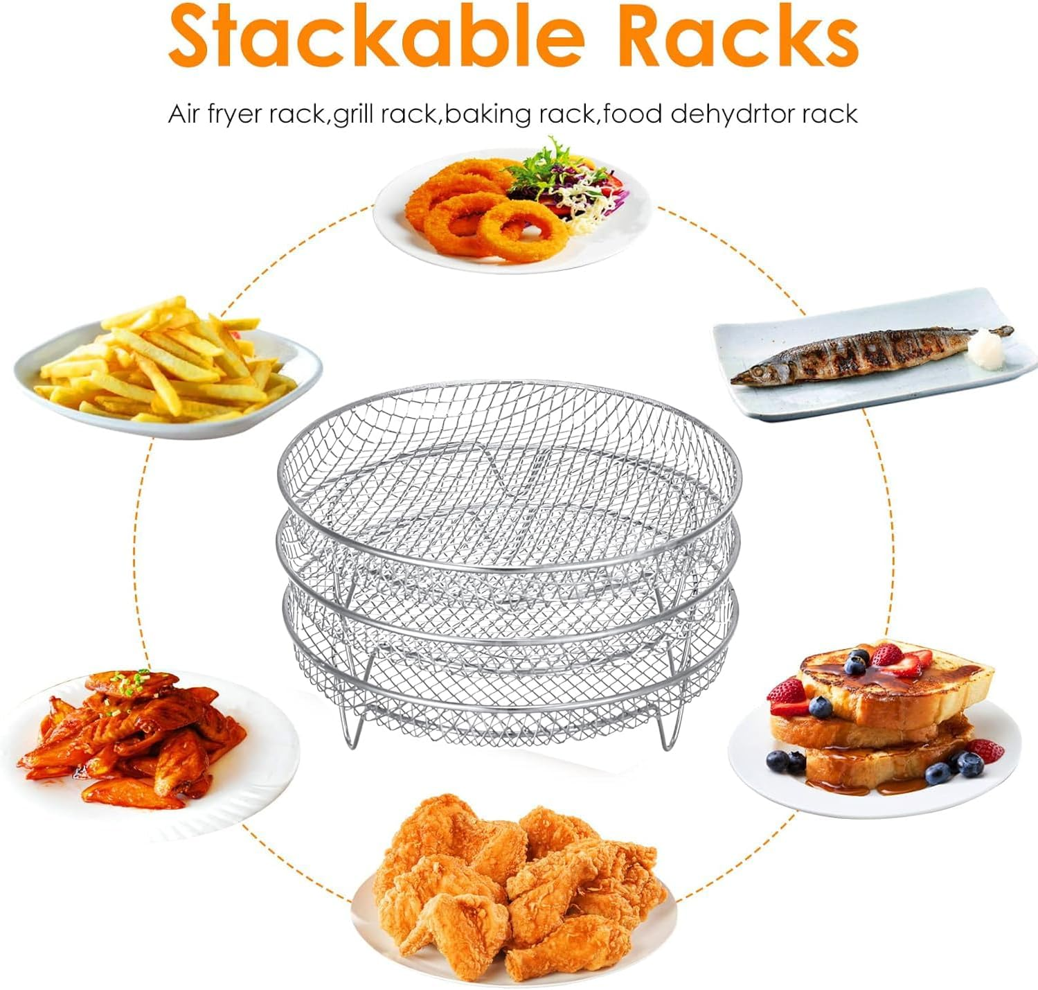 Air Fryer Rack, 3PCS Stackable Stainless Steel Dehydrator Rack, Air Fryer Basket Tray Compatible with Double Air Fryer, Ninja Dual Air Fryer Accessories (Round) - Rectangle image number 5
