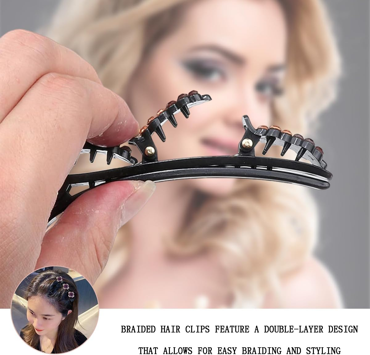 Pack of 4 Glittering Crystal Stone Braided Hair Clips, Hair Clips with Three Flowers, Fringe Clips, Hummingbird Hair Clip with Crystal Flower, Elegant Hair Styling Clips, Shiny Rhinestone Hair Clip