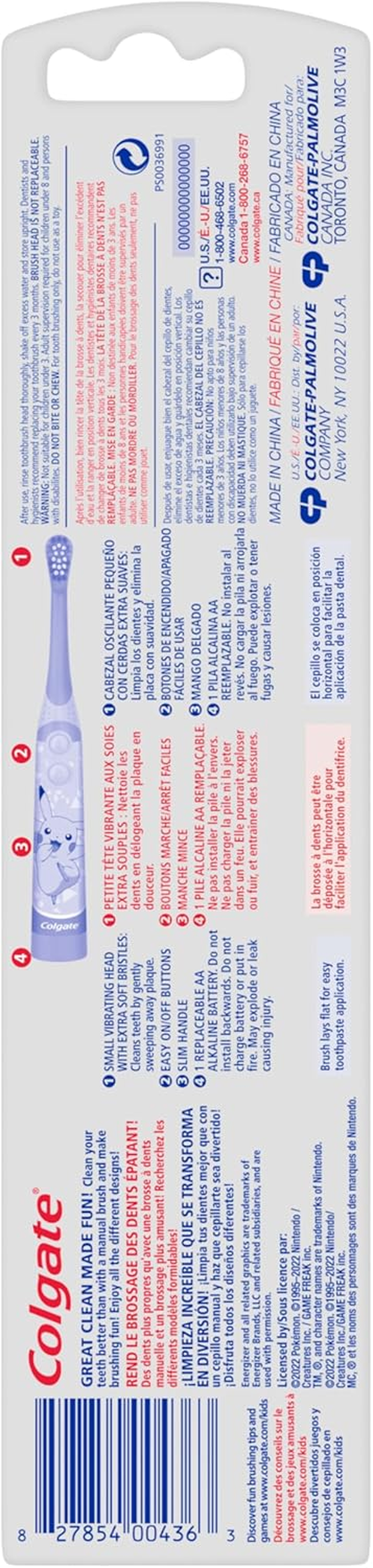 Colgate Kids Battery Powered Toothbrush, Kids Battery Toothbrush with Included AA Battery, Extra Soft Bristles, Flat-Laying Handle to Prevent Rolling, Pokemon Toothbrush, 1 Pack (Style May Vary) image number 1