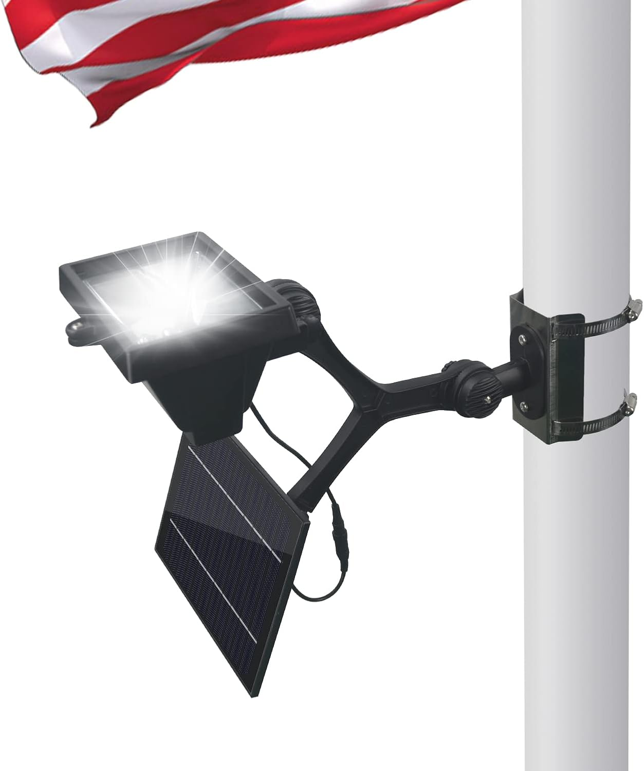 Flag Pole Light Solar Powered 12 Ultra Bright LED 6000K White Adjustable Metal Clamp Fits 2-6" Diameter Flagpoles Outdoor Dusk to Dawn 100% Coverage Lights Black image number 5