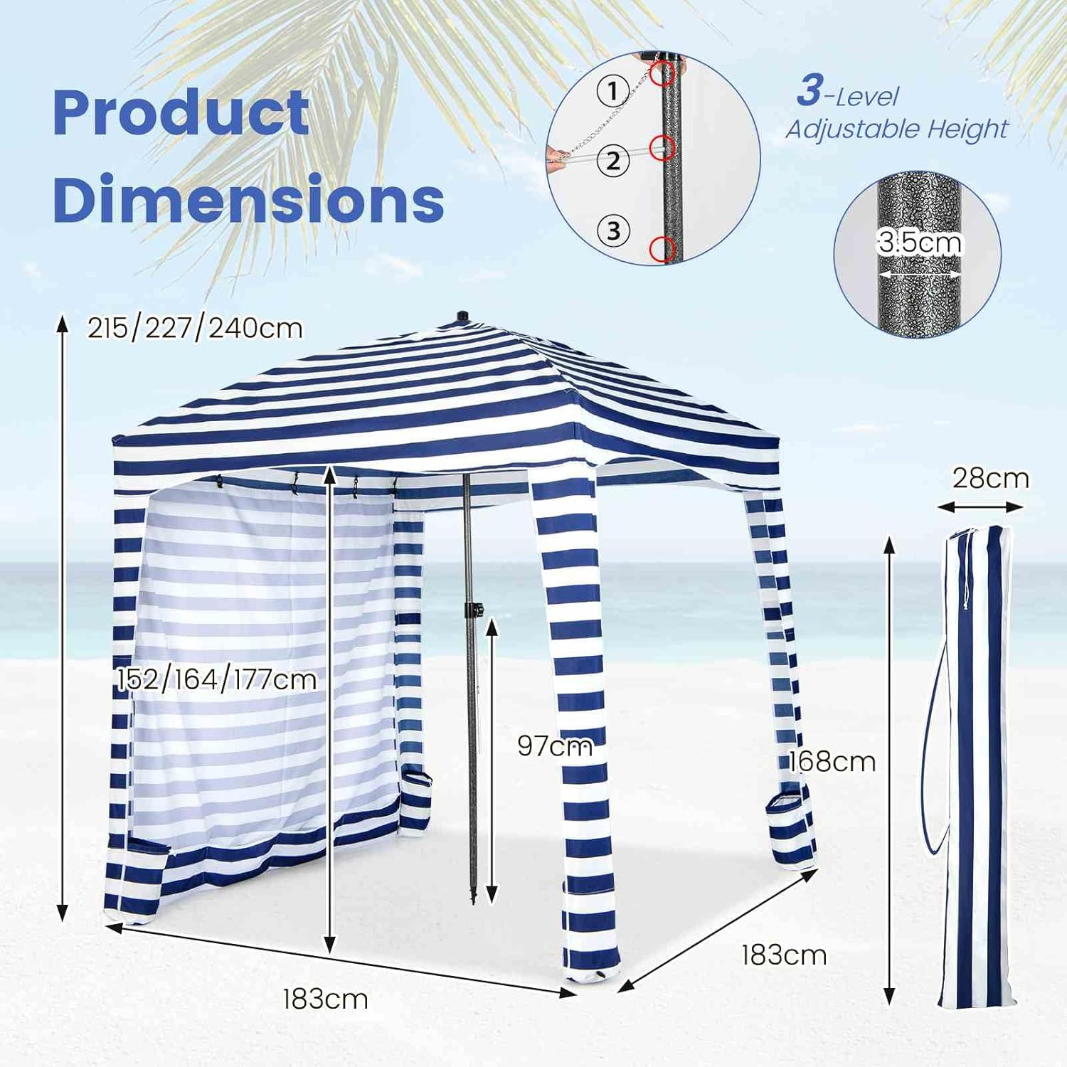 Costway 1.8 X 1.8M Foldable Beach Cabana Tent, Portable Beach Canopy with Carrying Bag, Detachable Sidewall, 8 Sandbags, Sun-Protection Outdoor Shade Instant Sun Shelter for Beach Patio Camping Picnic image number 2