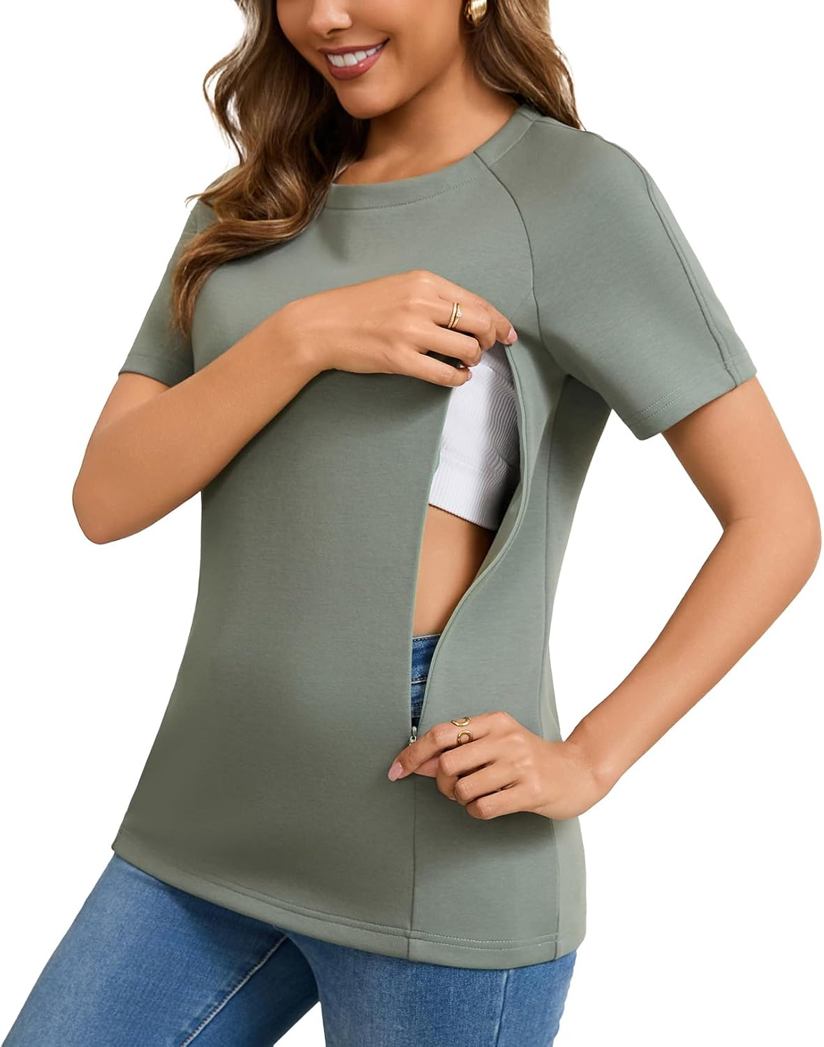 GINKANA Nursing Tops Breastfeeding Tshirt for Women Mama Zipper Distressed Loose-Fit Tee Pregnancy Clothes image number 2