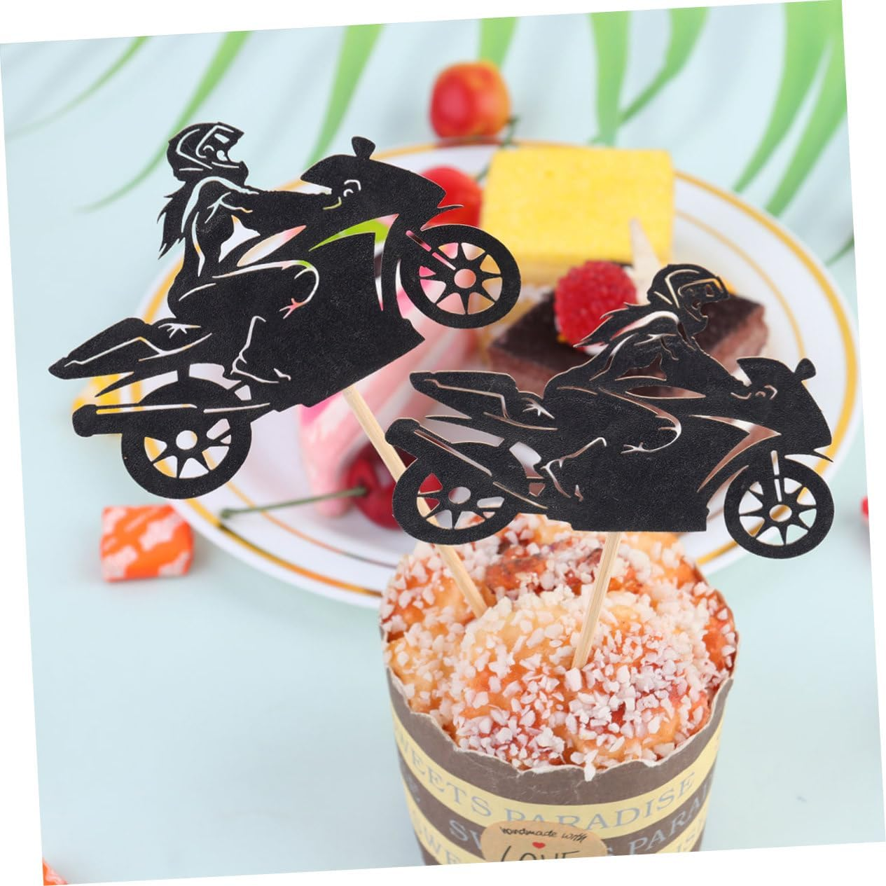 Ciieeo 40Pcs Motorcycle Cupcake Toppers Racing Cake Decor Birthday Party Dessert Black Sports Racing Cupcake image number 1