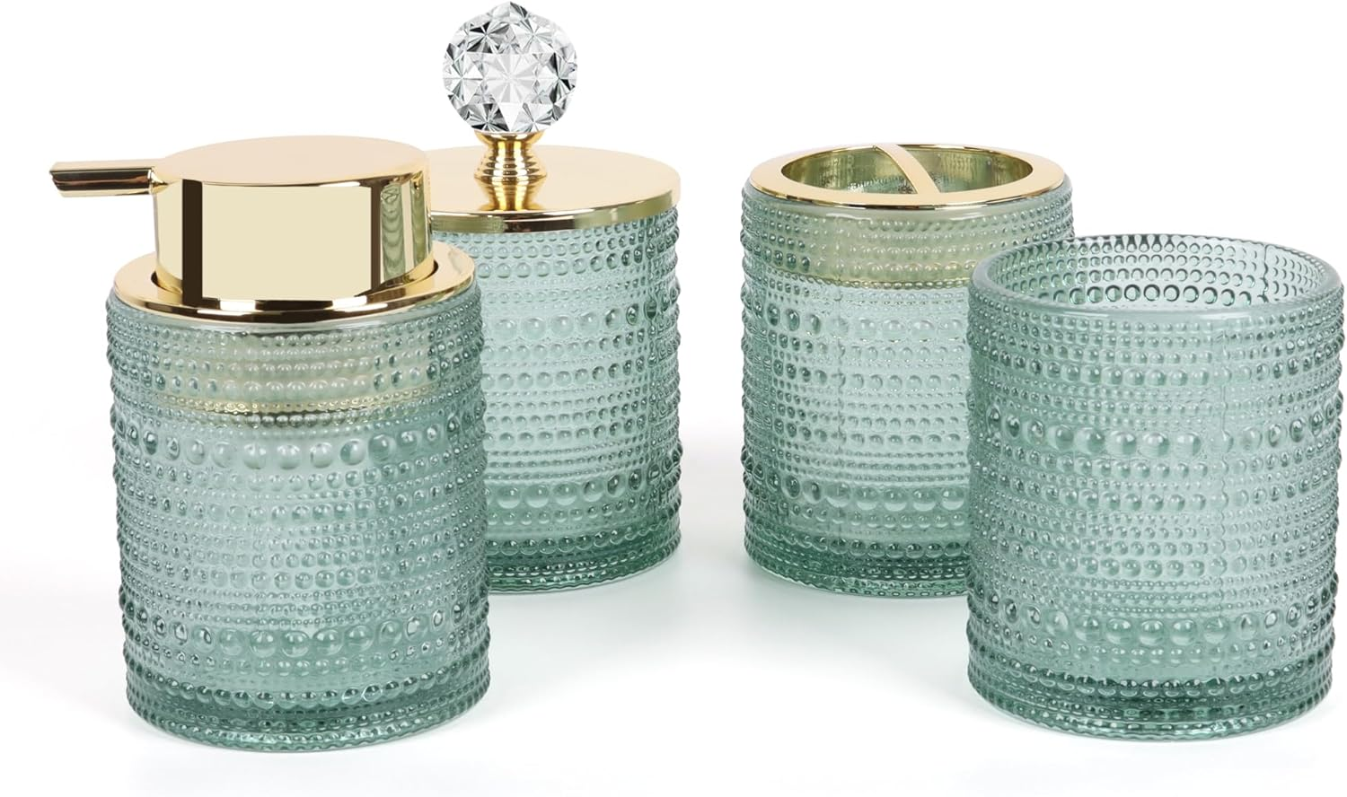 FEILANDUO Bathroom Accessories Set,4Pcs Glass Bathroom Accessories,Vanity Bathroom Decor, Soap Dispenser, Toothbrush Holder Set, Apothecary Jar, Gift for Home Apartment (Green), Pink/Green image number 2