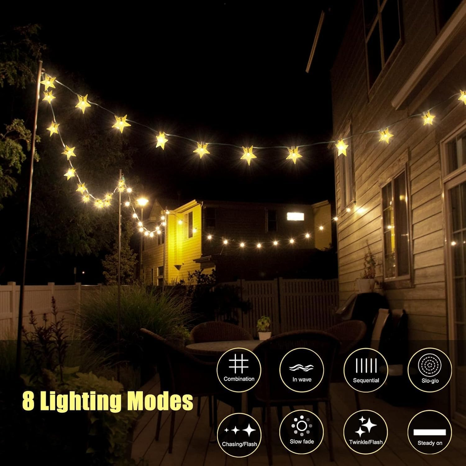 Solar String Lights Garden, 50 LED Star Fairy Lights Outdoor Solar Powered Led Star String Light Waterproof 8 Modes Decorative Light for Garden Patio Yard Home Wedding Party(Yellow - Yellow image number 6