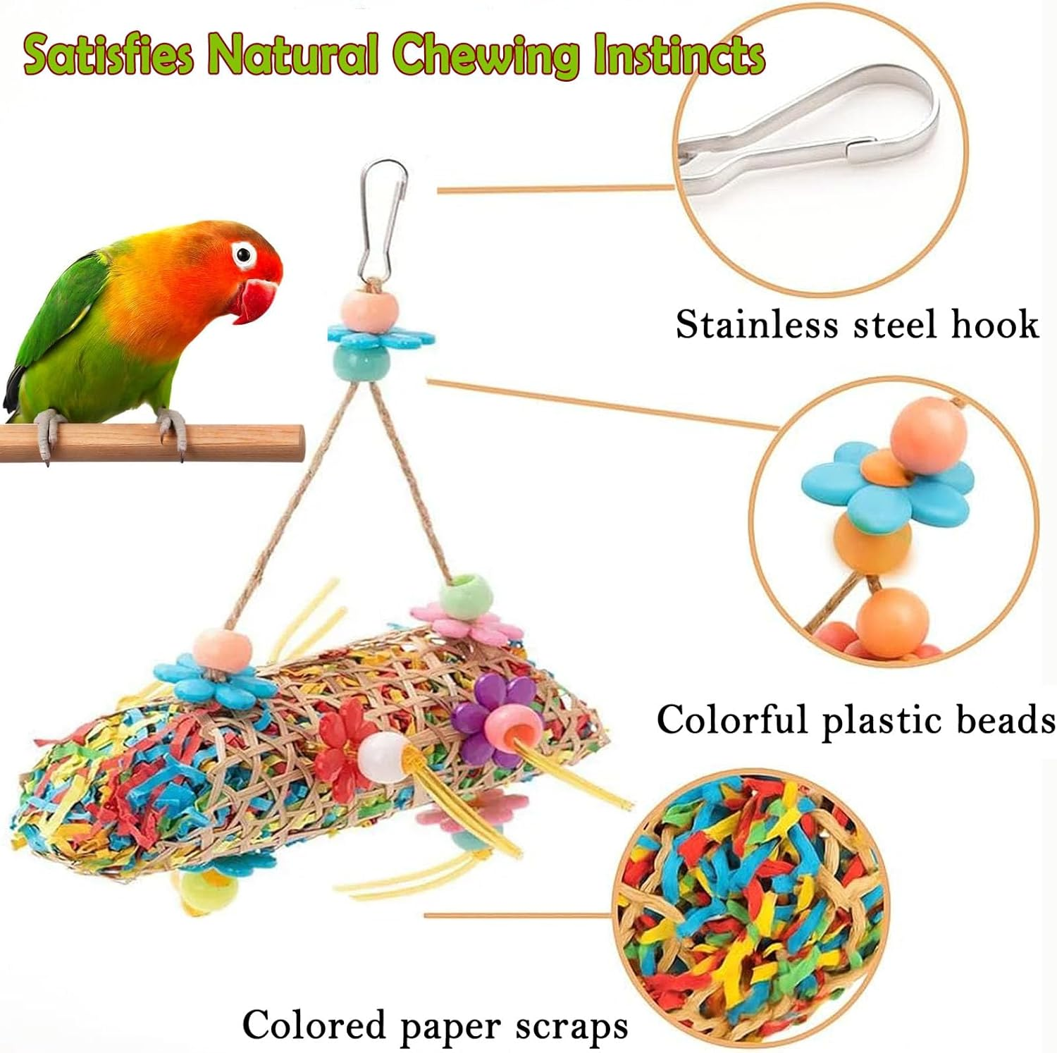 Wakouter Bird Toys, 6 Pcs Parrot Toys, Bird Swing Hanging Standing Chewing with Colorful Shredding Foraging, Climbing Ladder Bird Cage, for Lovebird, Conure, Cockatiel, Finches, Parakeets, Macaws image number 6