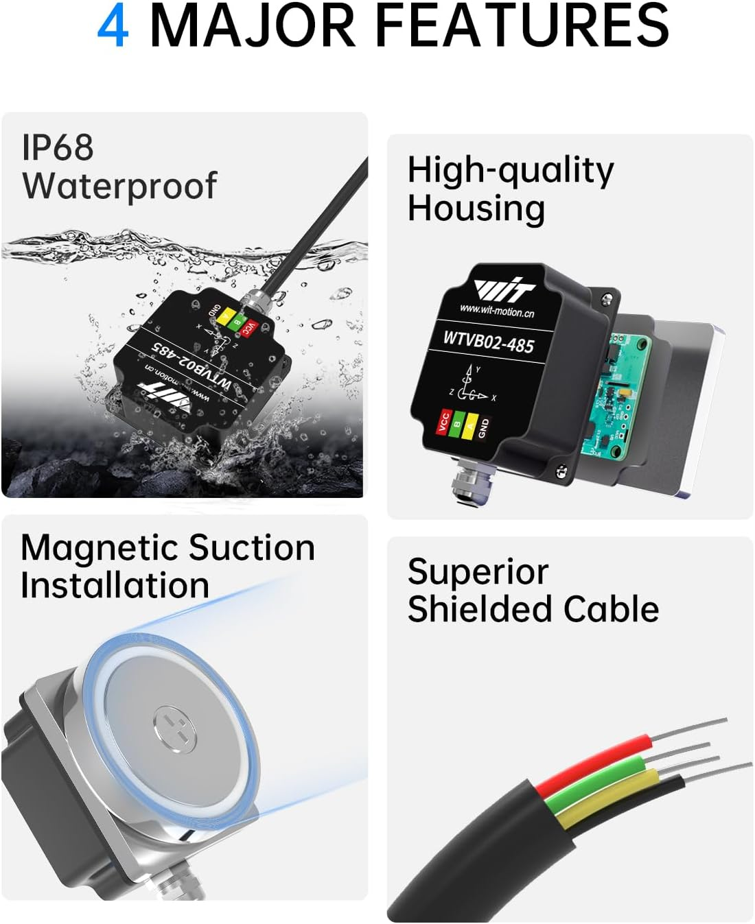 Witmotion WTVB02-485 IP68 Waterproof Vibration Sensor, Modbus 3-Axis (XYZ) Vibration Displacement(30000Um)+Speed(100Mm/S)+Amplitude(180&deg;), for Machinery Analysis (Multi-Connection Vibration Transducer image number 1