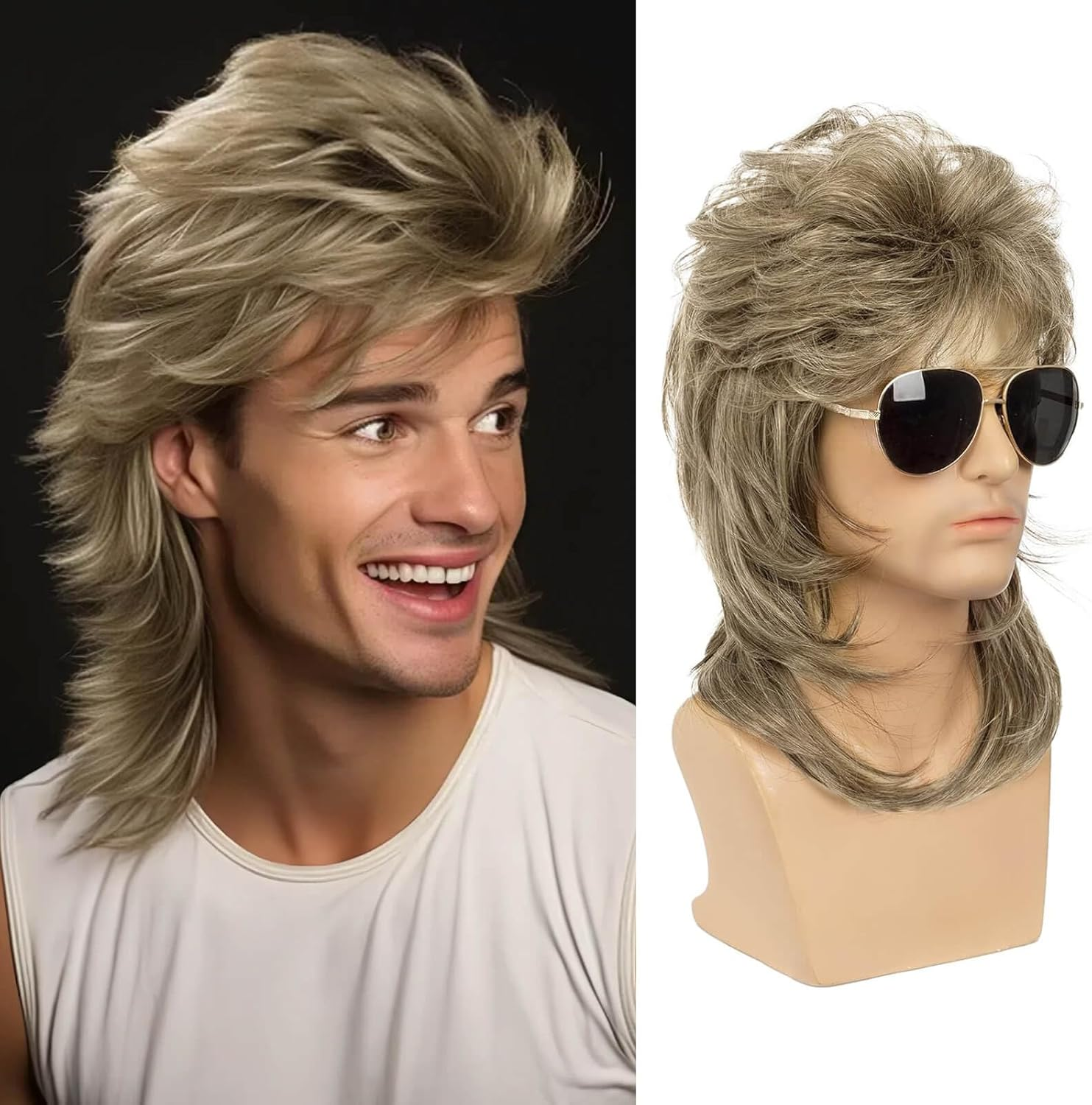 BECUS Mullet Blonde Wigs for Men 80S Costumes Fancy Party Accessory Cosplay Mens Hair Wig