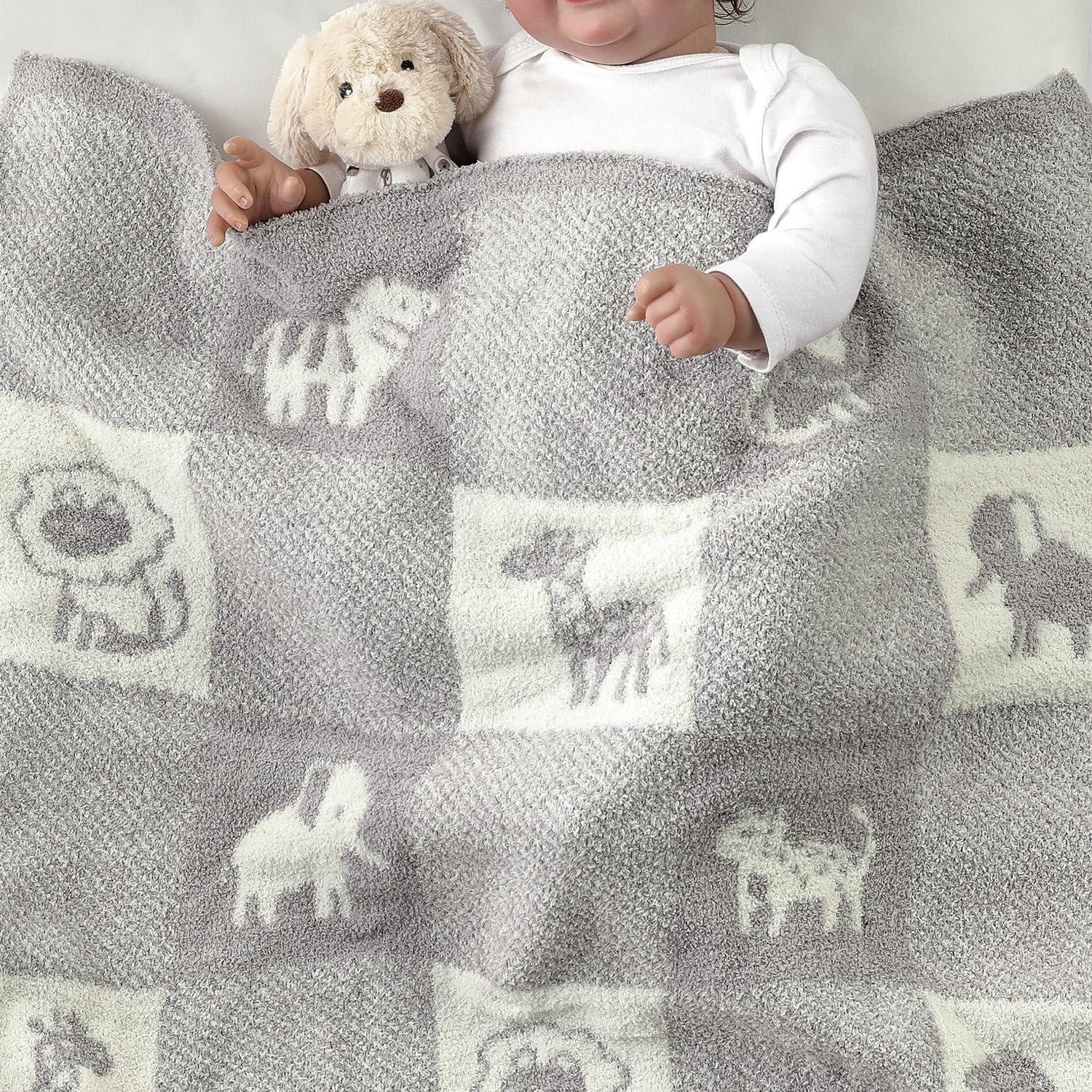 CREVENT 76X102Cm Cozy Soft Warm Chenille Baby Blanket for Girls Boys, Newborn Essentials for Infant, Baby Shower - Animal Grey image number 4