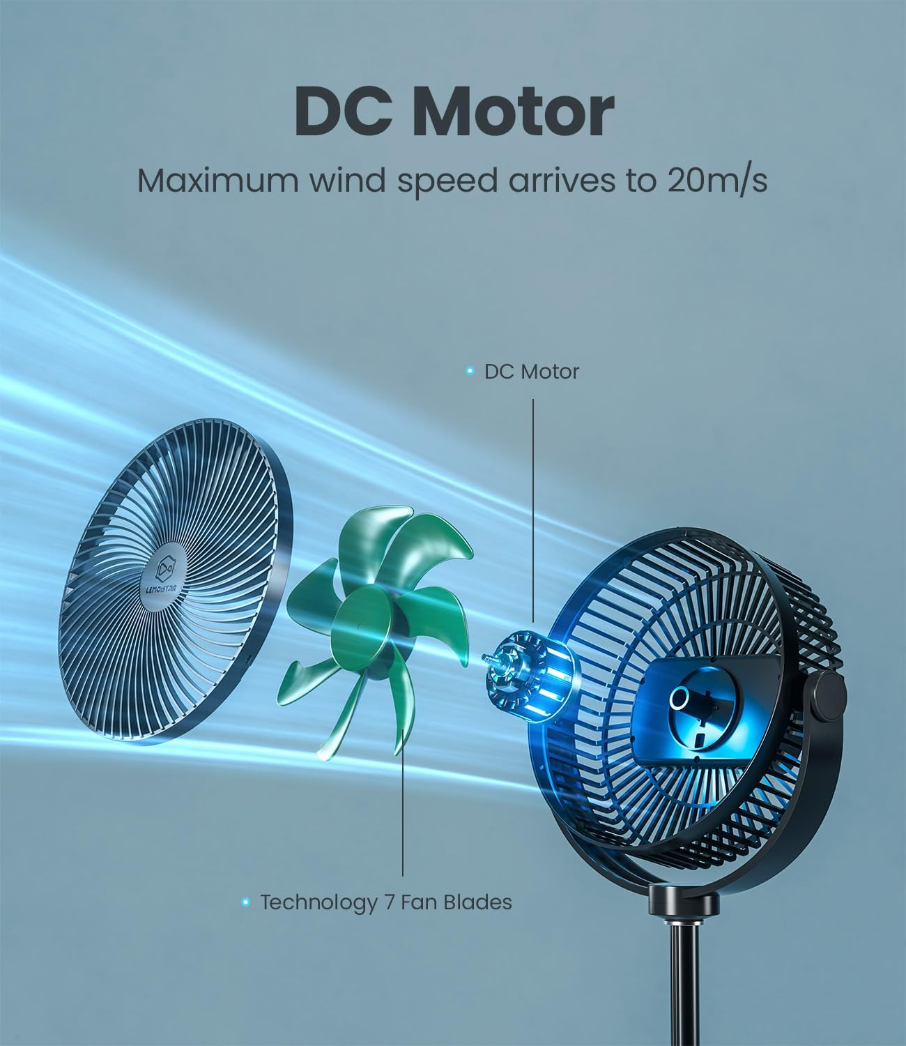 LEMOISTAR Portable Rechargeable Battery Operated Pedestal Fan, 8" 10000 Mah USB C Small Fan, Adjustable Height, Quiet Table Desk Standing Fan for Camping Bedroom Office Home Travel Fishing image number 3