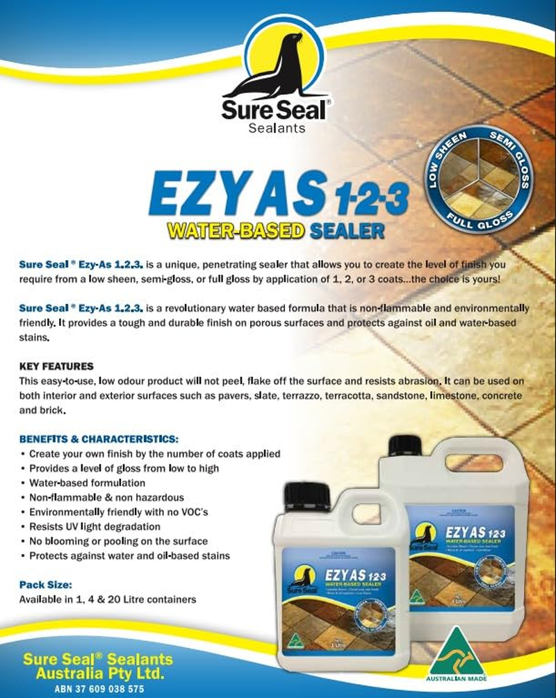 Sure Seal EZYAS 123 Water-Based Sealer, Stone Sealer for Outdoor Surfaces, Variable Sheen, Full Gloss Finish
