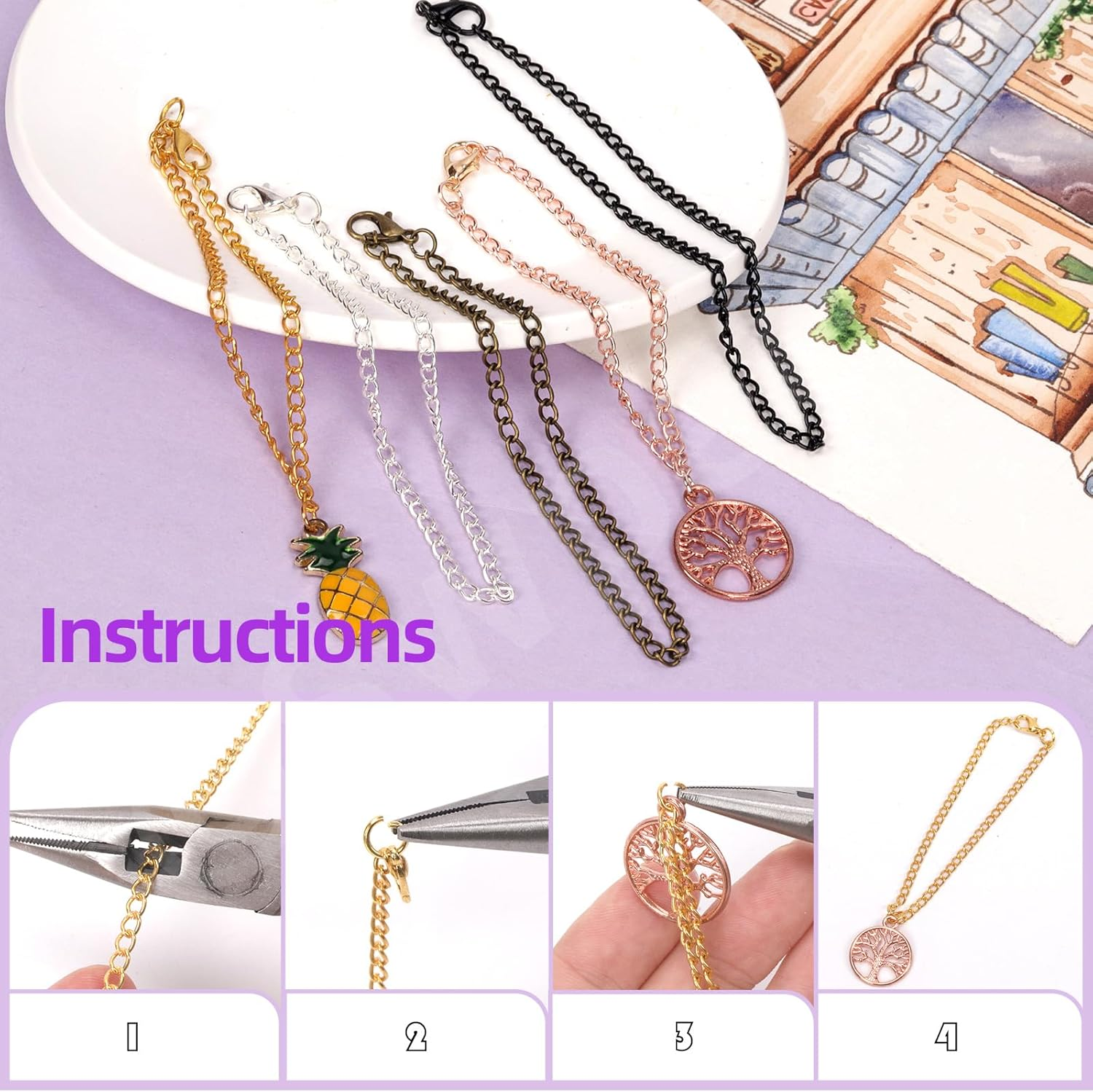 Swpeet 102Pcs Red Bronze 3Mm by 10 Yard Length Jewelry Making Chains Kit with Jump Rings, Lobster Clasps and Jewelry Plier, Necklace Chains Flat Cable Link Chain Bulk Ideal for DIY Craft Jewel Making - Black image number 5