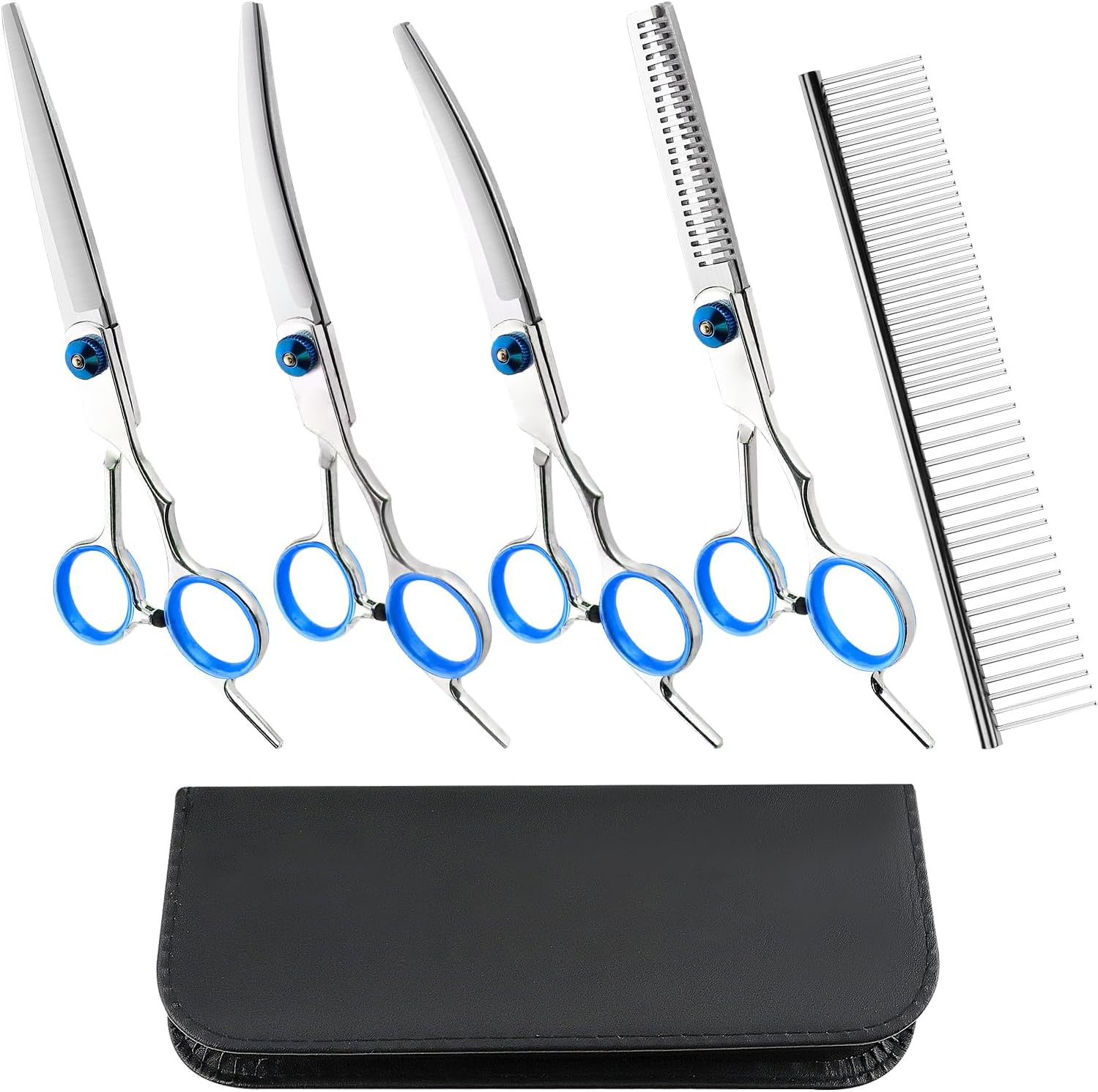 Dog Scissors, 5-In-1 Dog Scissors Set, Dog Shears, Curved, Stainless Steel Dog Grooming Set, with Steel Comb and Leather Case for Dogs, Cats, Pets