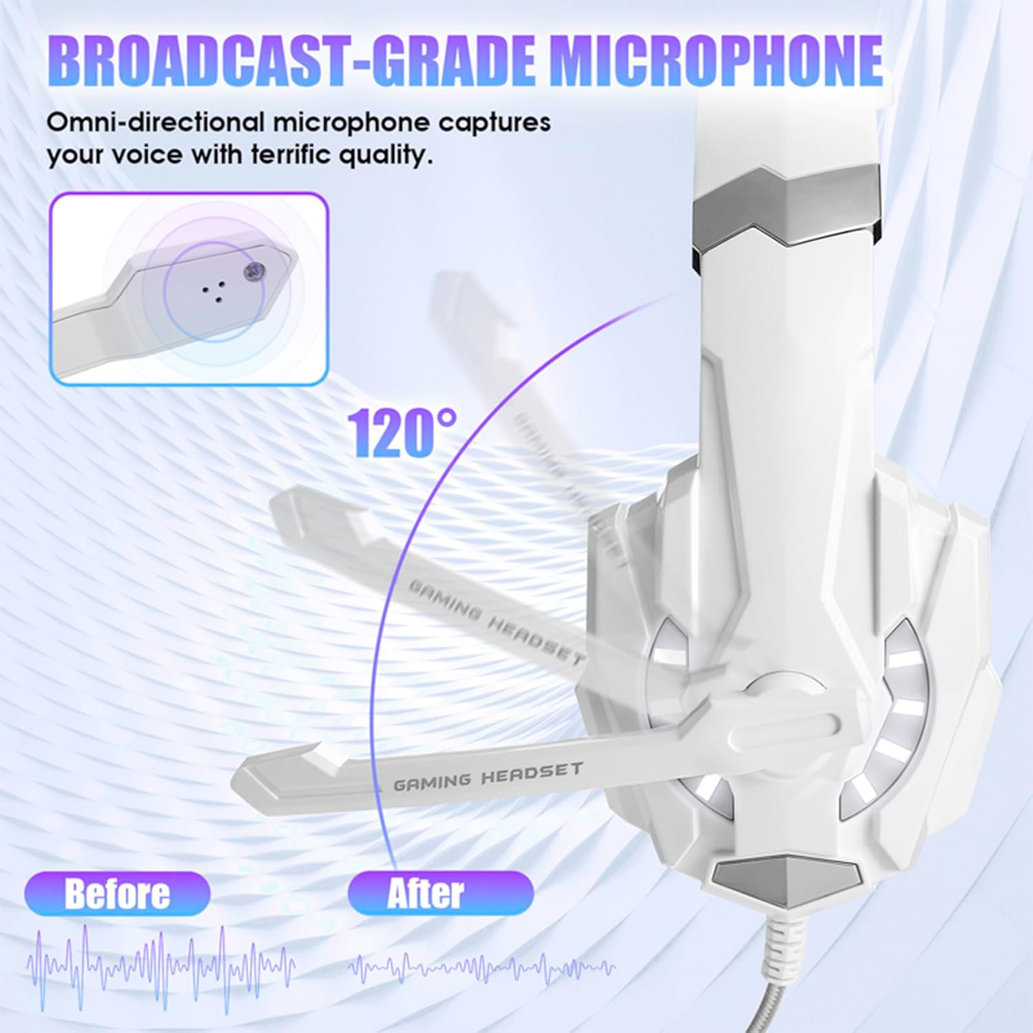 Plyisty USB Gaming Headset for PC, Noise Cancelling over Ear Headphones with Mic, LED Light, Wired Computer Headset for Laptop, Office (White) - White image number 2