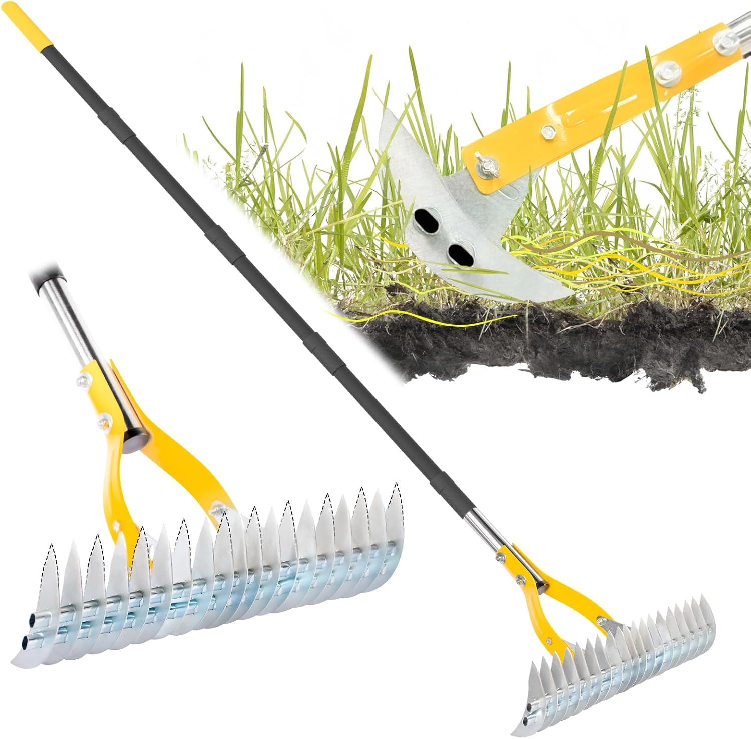 Blumetrec Thatch Rake for Lawn, 15-Inch Adjustable Head Weed Tool, Dethatcher Rake to Cleaning Dead Grass with 188Cm Adjustable Handle, Steel Metal Thatching Rake for Grass, Garden, Yard image number 1