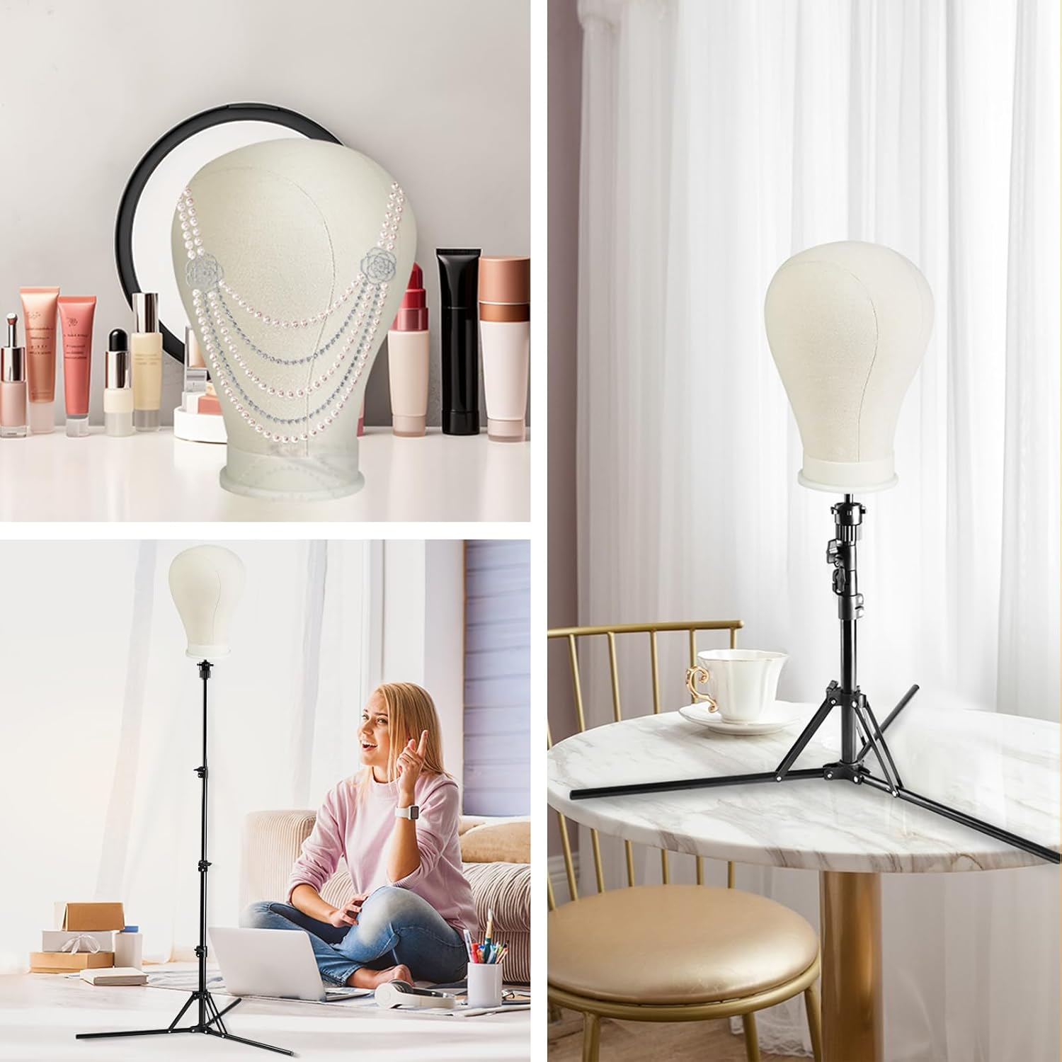 Neverland Beauty & Health 23 Inch Wig Stand Tripod with Head, Canvas Wig Head Stand with Mannequin Heads for Wigs, Manikin Set for Wigs Making Display image number 1