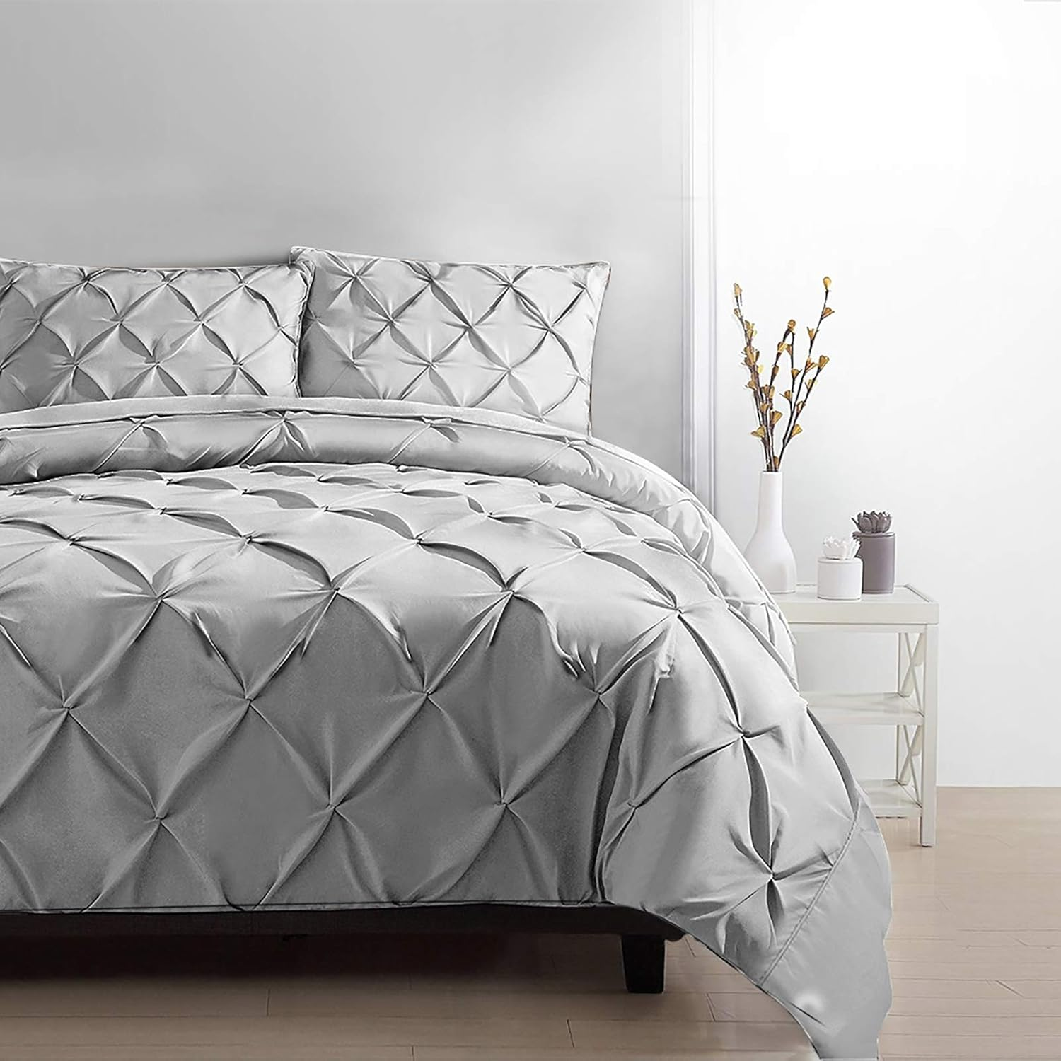 Giselle Bedding Queen Bed Quilt Cover Set, 100% Premium Microfibre 3Pcs Quilts Doona Duvet Comforter Covers Sets Diamond Pinch Pleat Beddings for Room Decor, Soft Machine Washable Grey