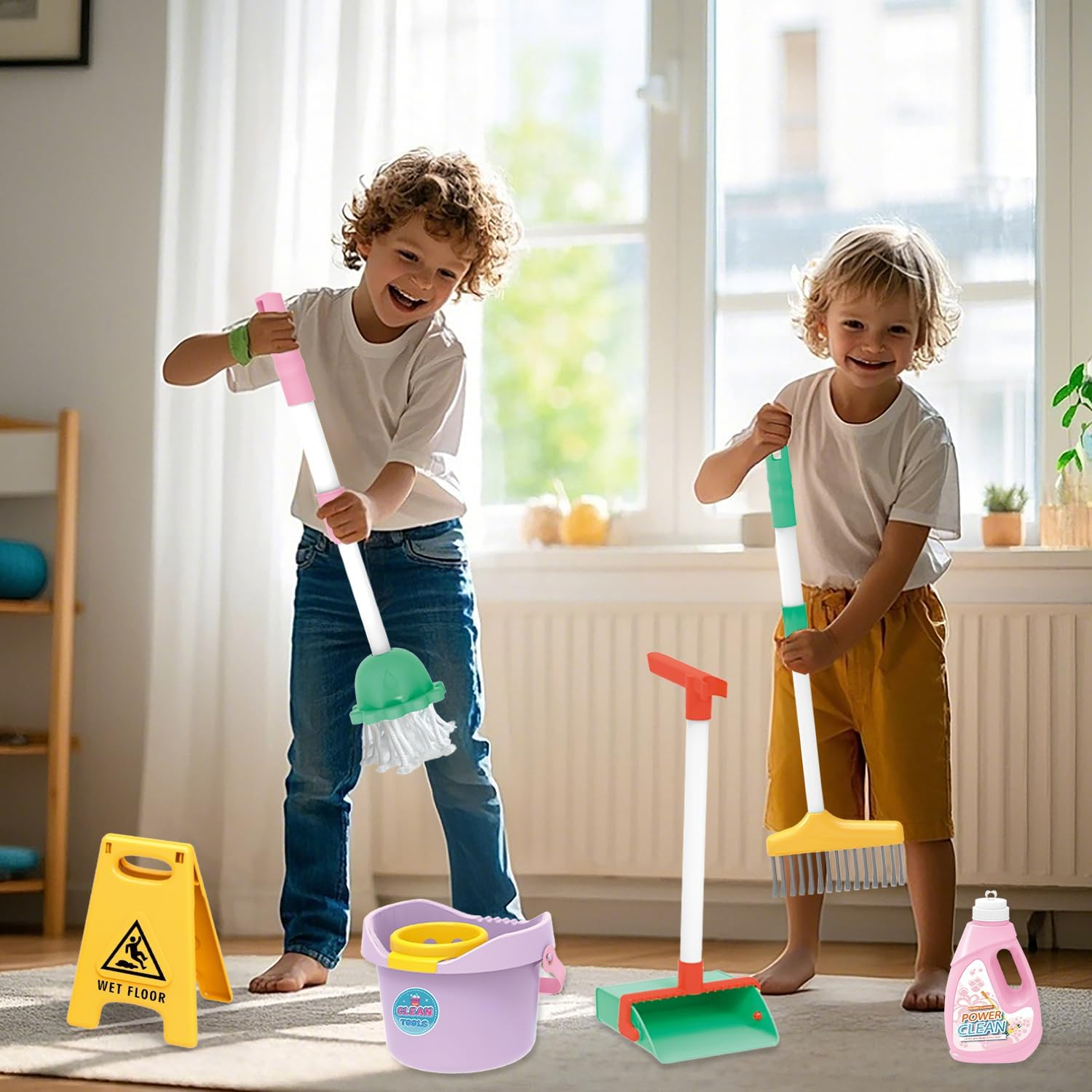 Detachable Kids Cleaning Toy Set - Broom, Mop, Dustpan, Brush, Rag Play, Housekeeping Kit, STEM Really Clean Toys Educational Toddler Pretend Play Toy Gift for Boys Girls-15Pcs image number 6