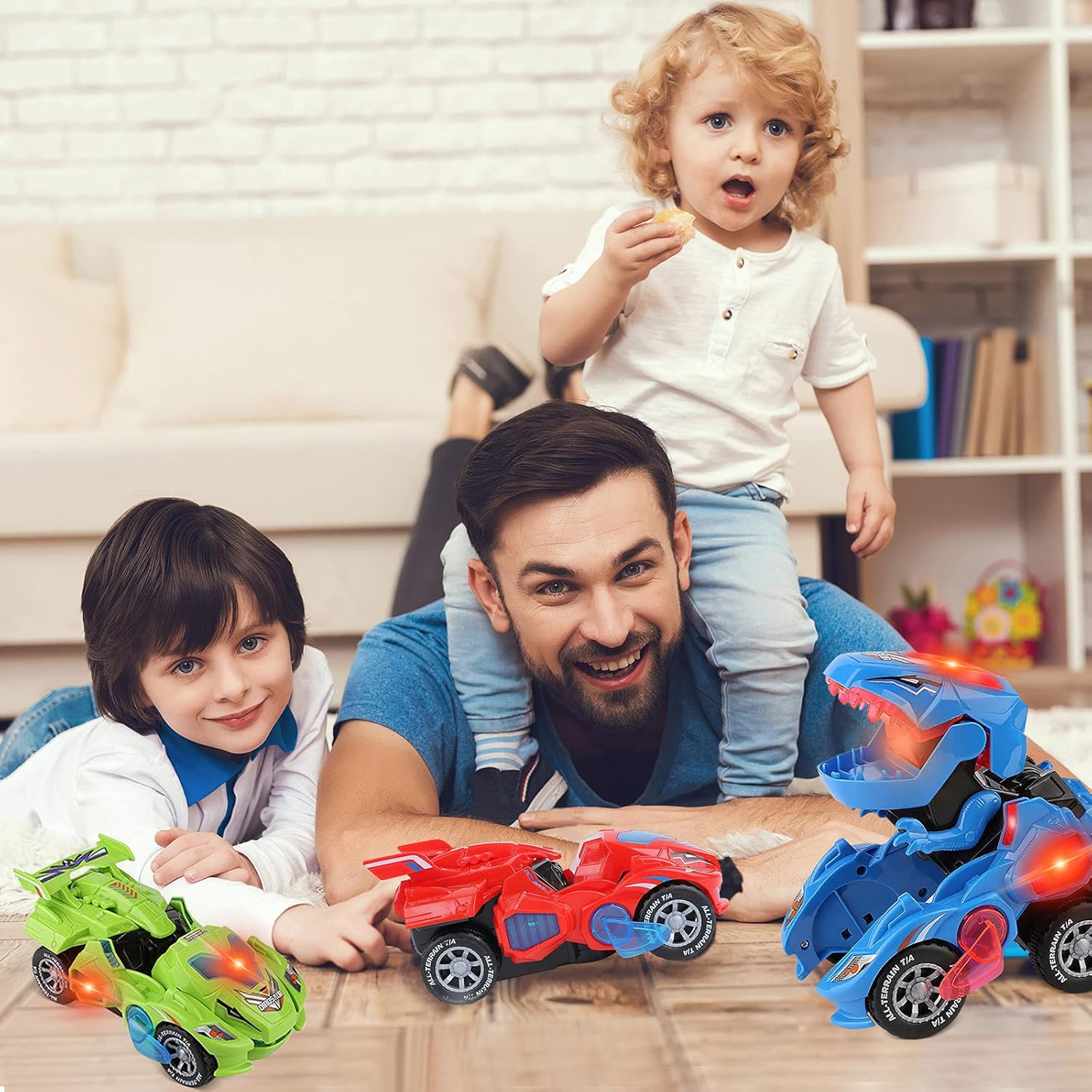 Transforming Dinosaur LED Car with Light and Music, Dinosaur Toys for Kids 3-5-7, Dino Toy Cars Christmas Birthday Gifts for Toddlers Boys Girls (Red)