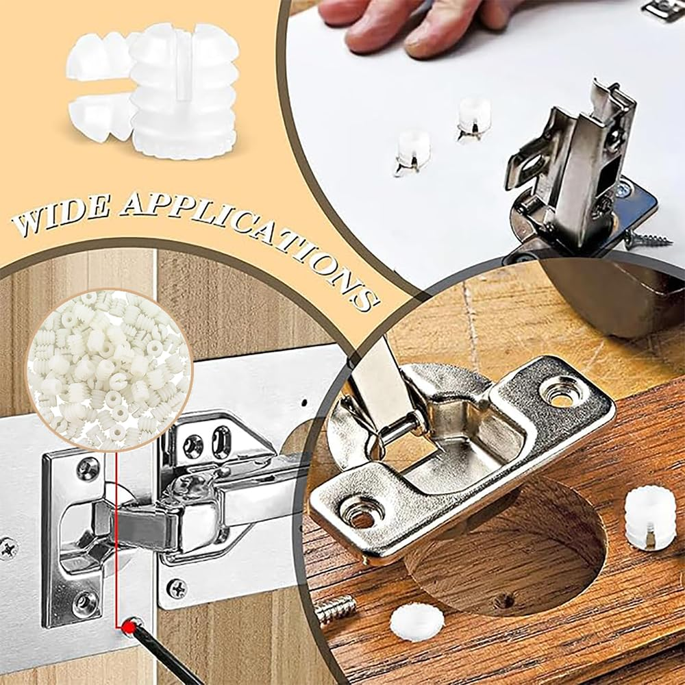 NYGHMY 110 Pcs Hinge Expansion Dowels (0.34X0.38 Inch), Plastic Expansion Dowels, White Hinge Dowel Inserts Accessories for Cabinet Wardrobe Dresser Panel Connection image number 2