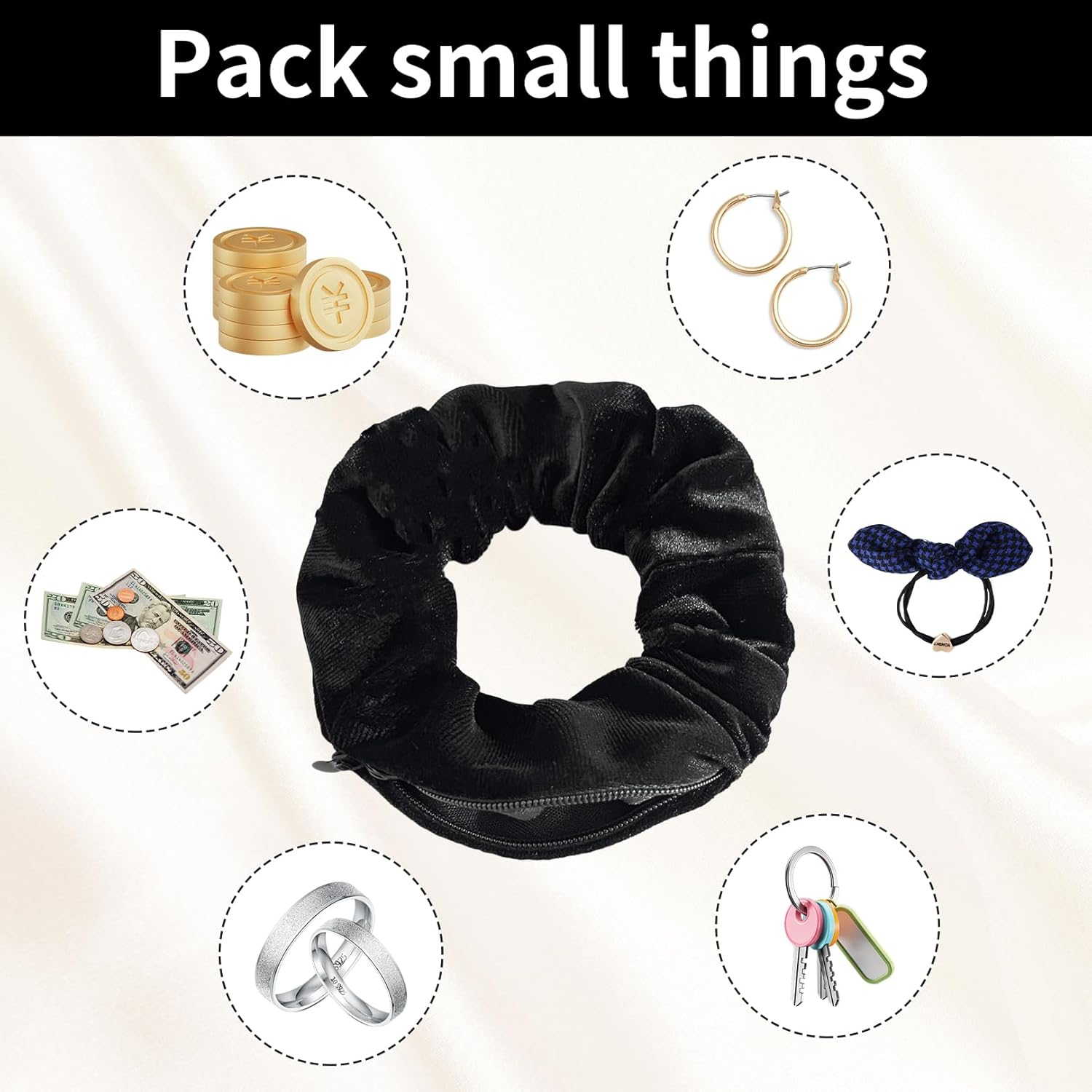 Pack of 3 Hair Bobbles with Zip, Valuables Hiding Place Beach, Money Hiding Place Scrunchies Holiday, Gadgets Hair Bobbles Safe, Scrunchie Women'S Essentials, for Gadget, Money Travel, Hiding on The image number 5