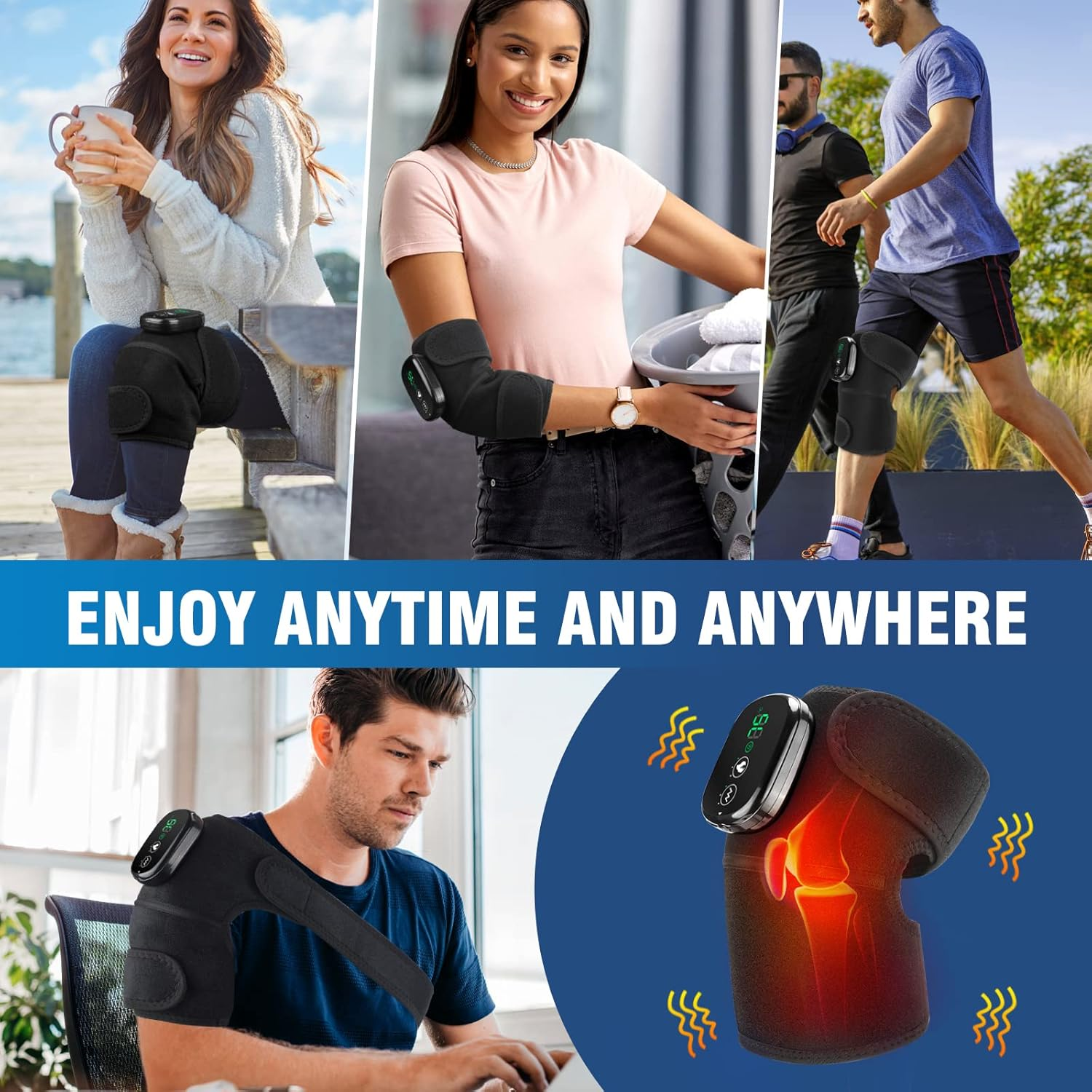 Heated Knee Massager, 5000Mah Rechargeable Heated Warp with Vibration, 3 in 1 Heated Pad for Shoulder Elbow Knee, 3 Adjustable Vibration and Temperature, Heated Knee Brace for Adult, Black image number 4