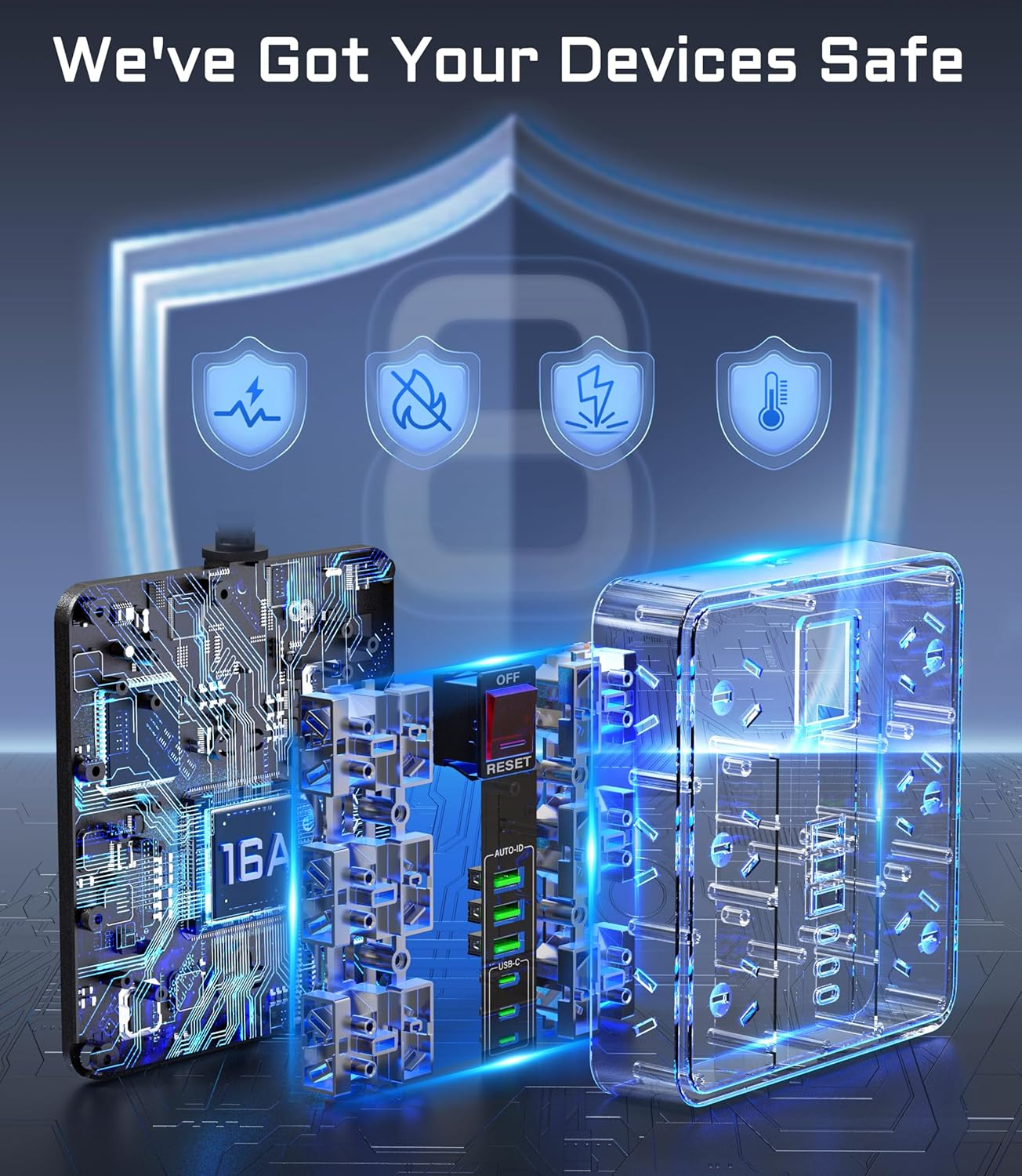 Powerboard USB Surge Protector - 18IN1 Power Board with 3 USB C & 3USB, 12 Outlet Power Strip with 1.9M Extension Cord, Wall Mountable 2500W Surge Protection and Overload Switch for Home & Office image number 3