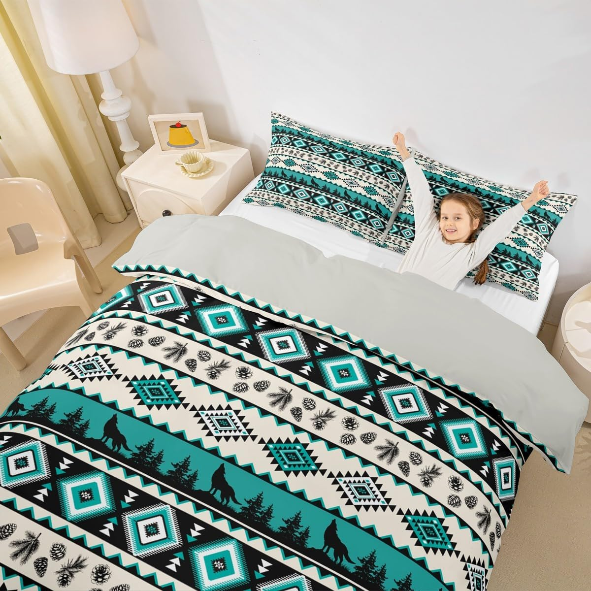 Manfei Aztec Geometric Kids Duvet Cover Set Queen Size,Southwest Tribal Ethnic Bedding Set,Wolf Rustic Cabin Girls Boys Room Decor,Beige Retro,2 Pillowcases(No Comforter) image number 6