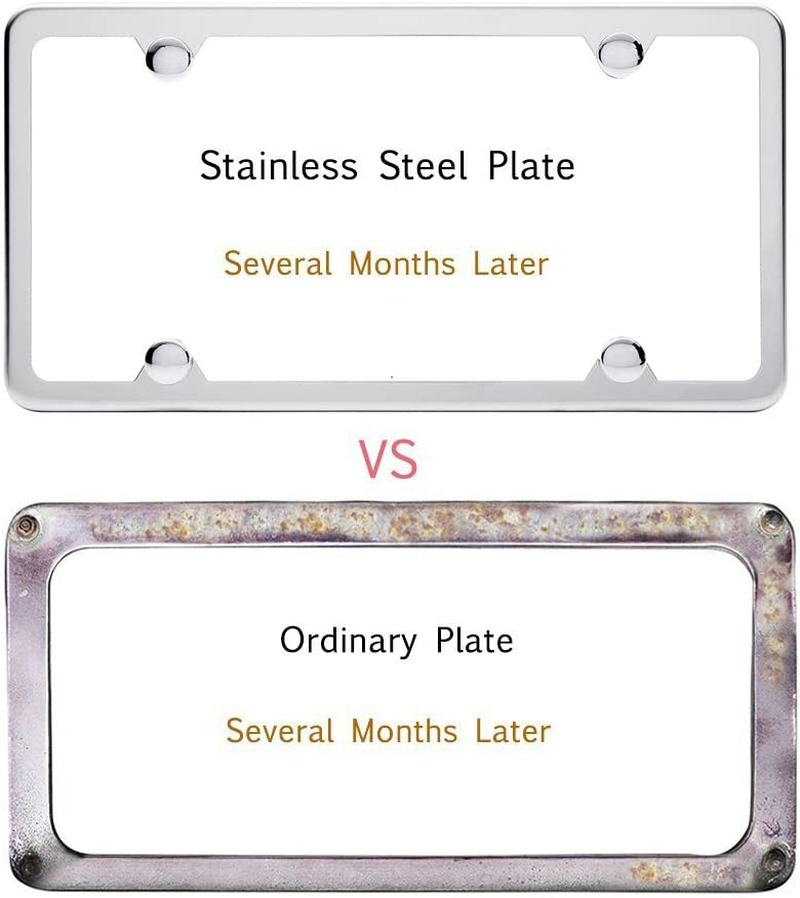 License Plate Frames, Indeebuy 2 Pcs 4 Holes Slim Stainless Steel Polish Mirror License Plate Frame and Chrome Screw Caps image number 3