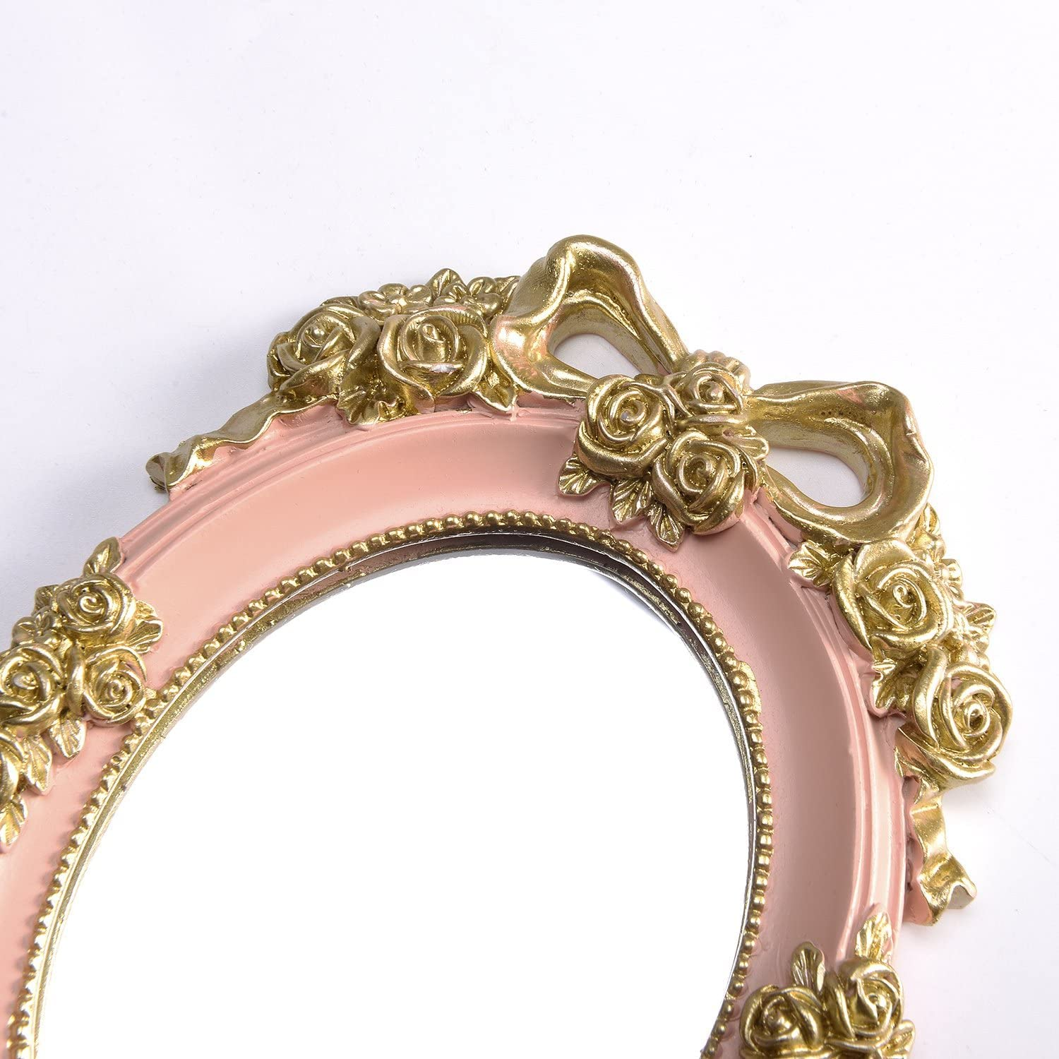 Nerien Vintage Style Rose Hand Held Mirror Princess Oval Vanity Mirror Pink image number 3