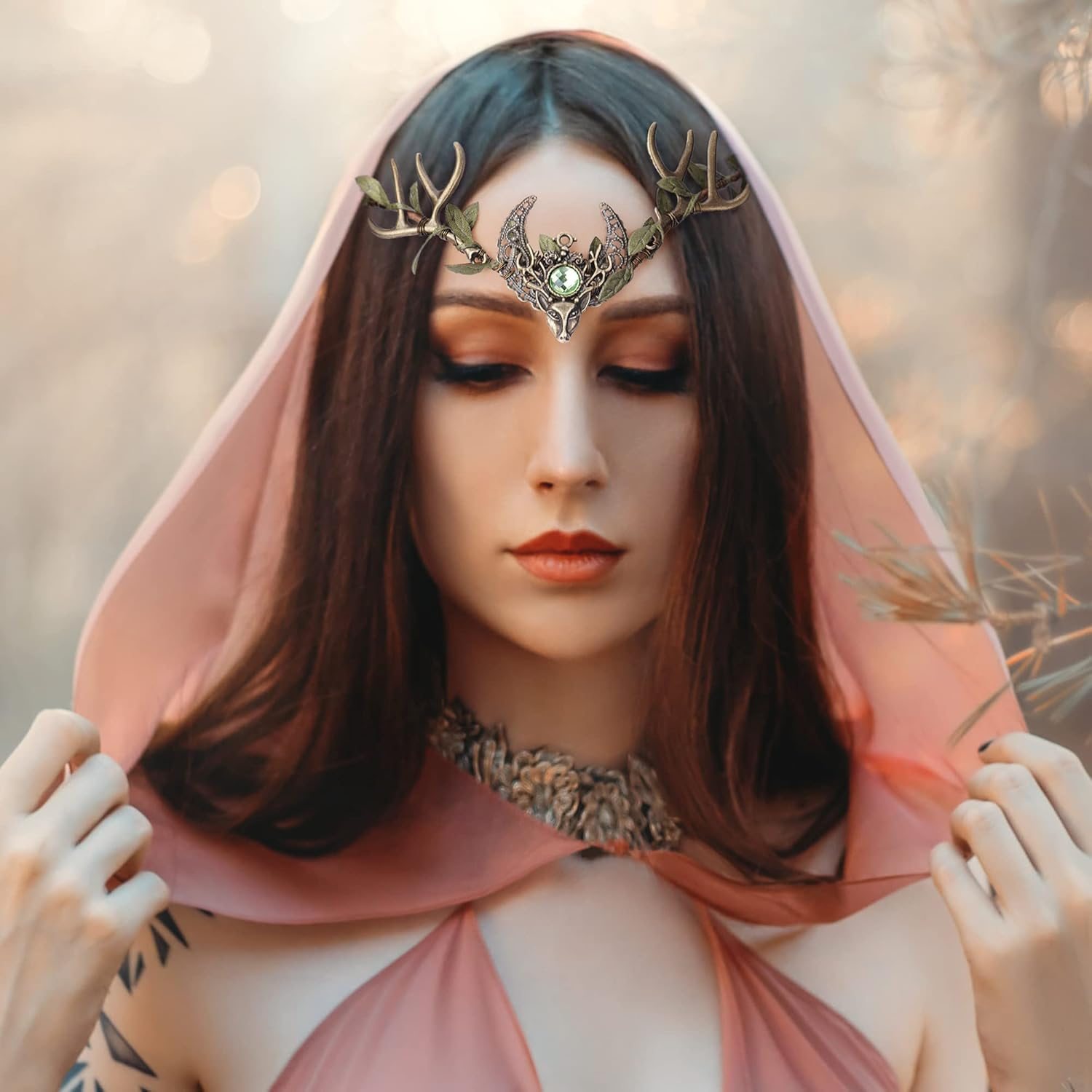 MOSTORY Handmade Deer Antler Crown Headband Forest Elf Headpiece Woodland Green Leaf Tiara Circlet for Wedding Bridal Themed Party Carnival Cosplay Festival Costume Accessory Green image number 3