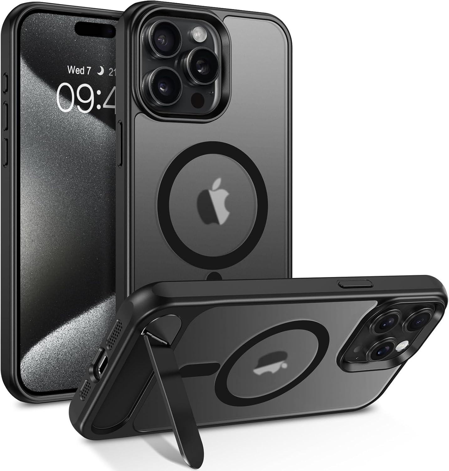 DOMAVER for Iphone 15 Pro Max Case Compatible with Mag Safe, Military-Grade Protection with Built-In Kickstand, Slim Translucent Matte Back Protective Phone Cover for Iphone 15 Pro Max 6.7", Black