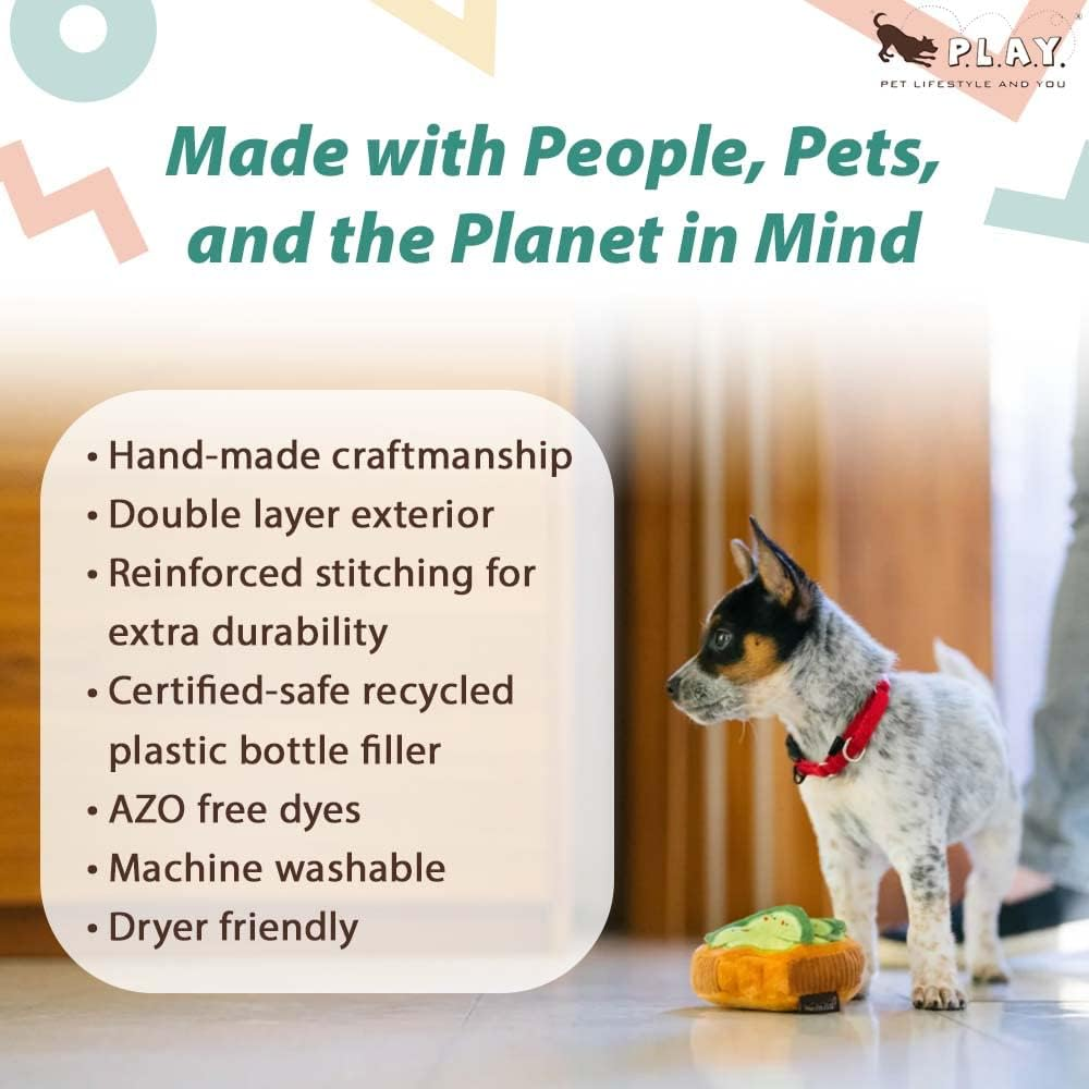 P.L.A.Y. Cute Plush Dog Toys - Brunch Food Themed Durable Squeaker Chew Toy, Great for Puppies & Small, Medium, Large Dogs - Machine Washable, Recycled Materials (Avo-Doggo Avocado Toast, Medium) image number 6