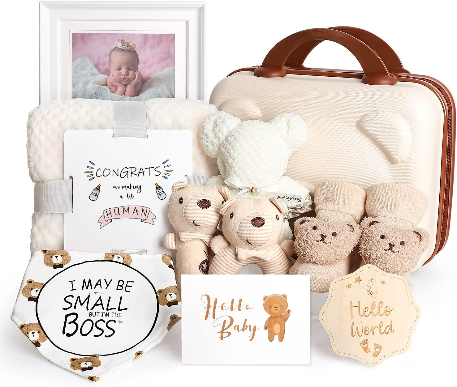Baby Gift Set, Baby Shower Gifts for Girls Boys, Bear New Baby Gift Basket Include Newborn Rattle Blanket Wooden Keepsake Milestone Cute Bibs Socks Greeting Card, Baby Gift Essentials Stuff image number 1