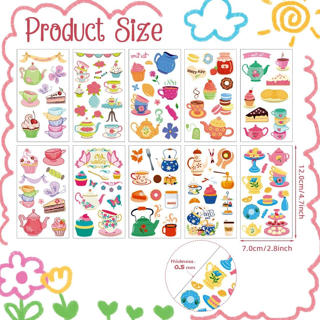 10 Sheets Temporary Tattoos Afternoon Tea Elegant Floral Teacup and Cookie Designs for Women and Girls Waterproof Body Art for Party and Festival