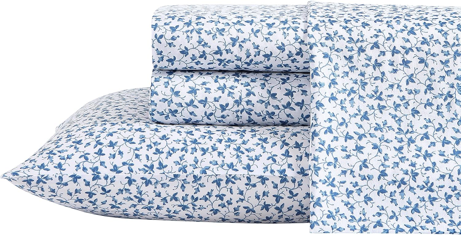 Laura Ashley Home - Queen Sheets, Soft Sateen Cotton Bedding Set - Sleek, Smooth, & Breathable Home Decor (Fern Blue, Queen)