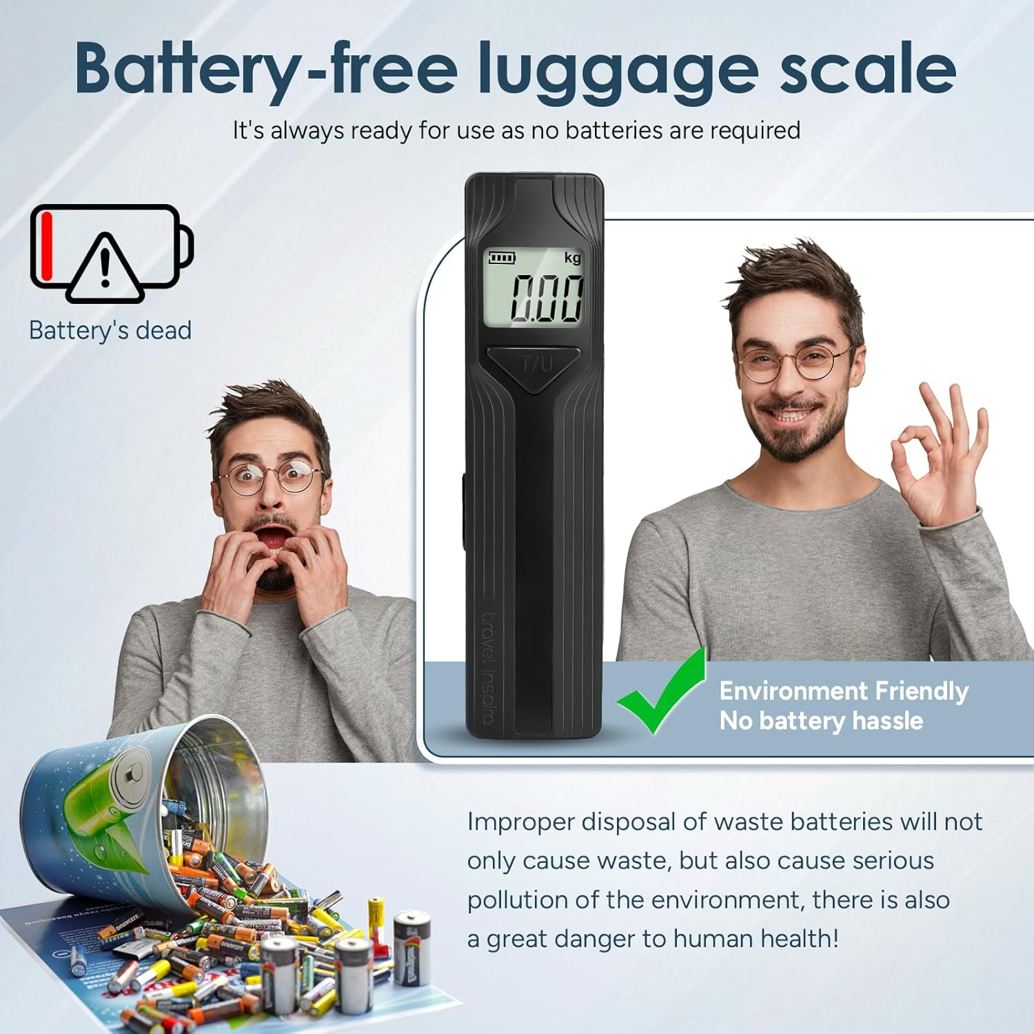 Travel Inspira Luggage Scale Battery-Free, Travel Essentials, Portable Handheld Digital Suitcase Weight Scale for for Travel Accessories, 110Lbs/50Kg (Black) image number 1