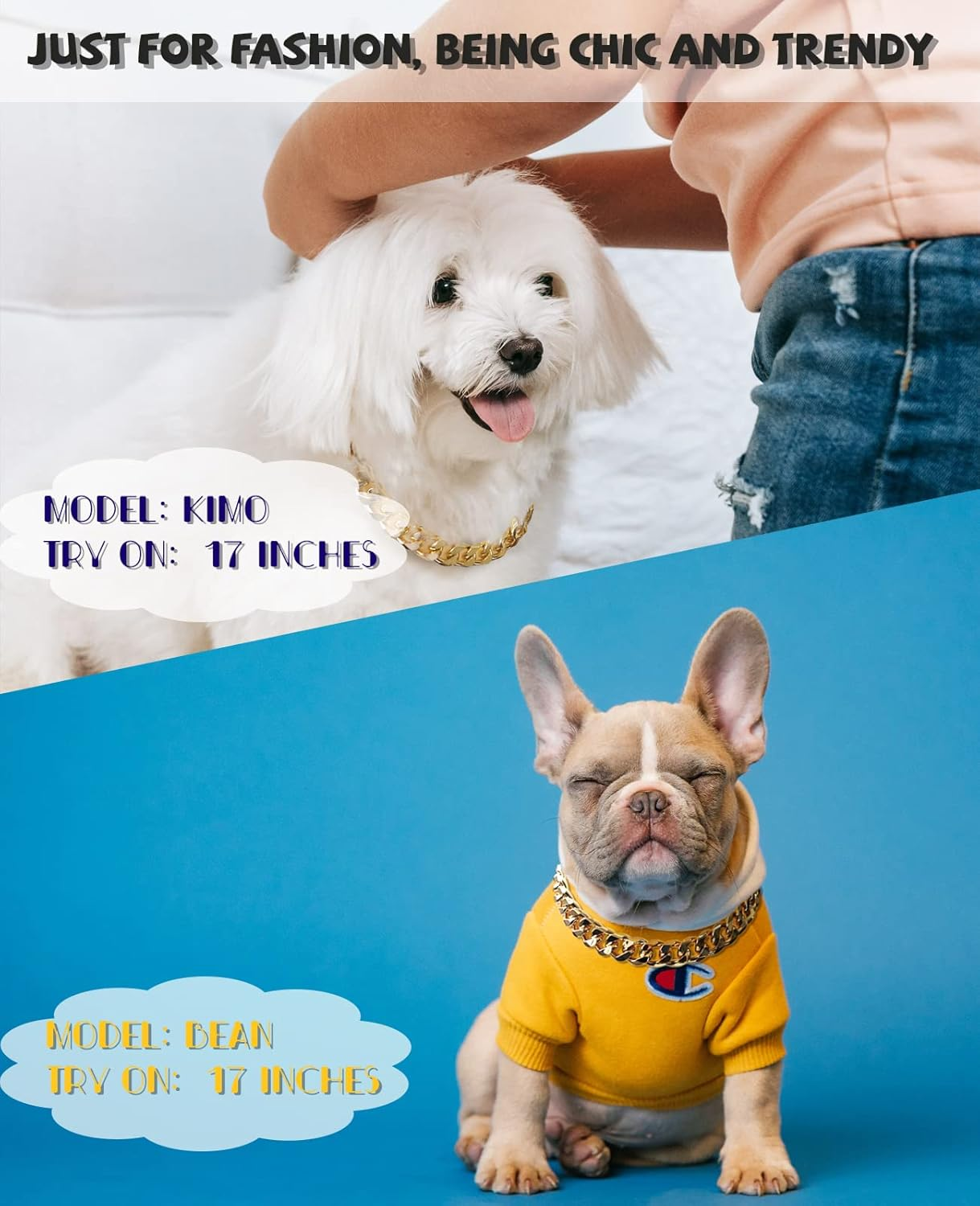 Gold Chain Dog Collar-3/4 Width Cuban Link Dog Necklace, Cute Fashion Pet Collar for Pit Bulldog, Light Metal Jewelry Chain Puppy Accessories 20" image number 4