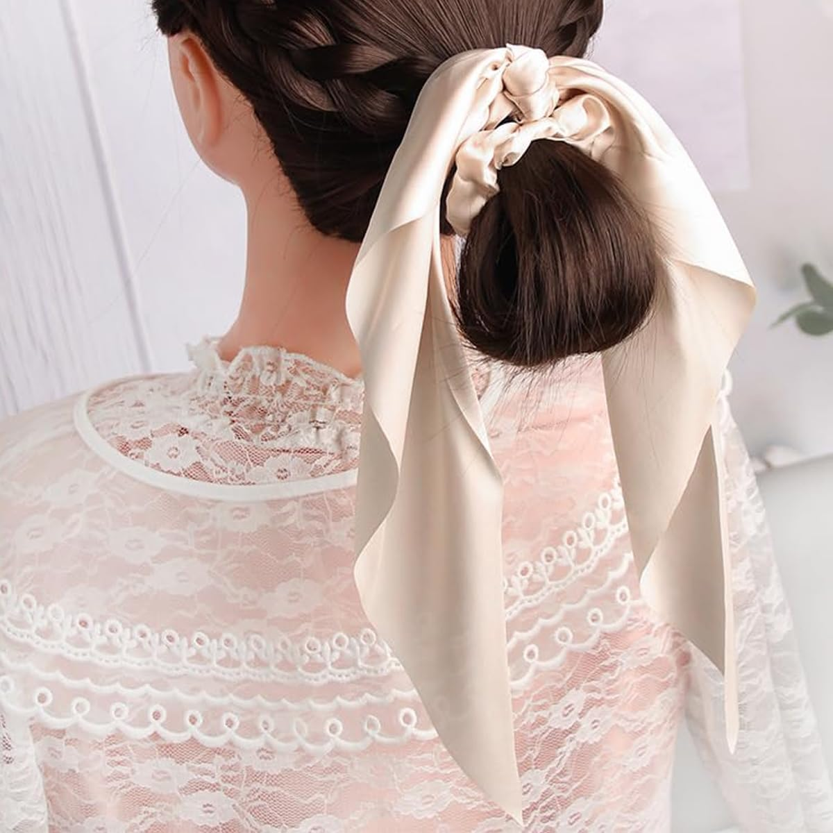 Orivin 6 Pcs Satin Bowknot Elastic Hair Bands Colorful Ribbon Scrunchies Ponytail Holder Sweet Hair Accessories for Women Girls image number 3