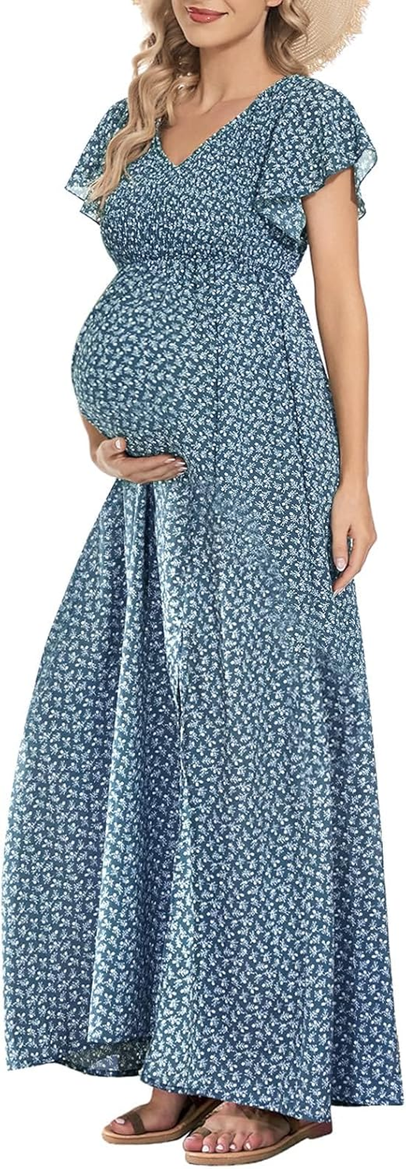 Floral Print V Neck Maternity Dress, Photoshoot Baby Shower Flutter Sleeve Smocked Boho Split A-Line Maxi Dresses