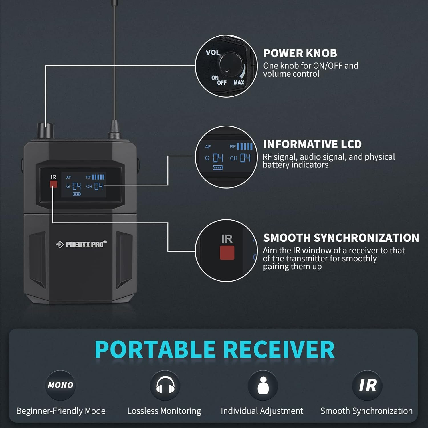 Phenyx Pro in Ear Monitor for Musicians, UHF Wireless In-Ear Monitors System, Mono 2-Channel IEM, Metal Stage Monitor W/ 2X50 Frequencies, 164Ft Long Coverage, Rack Mount Kit (PTM-22, 4 Bodypacks) image number 4