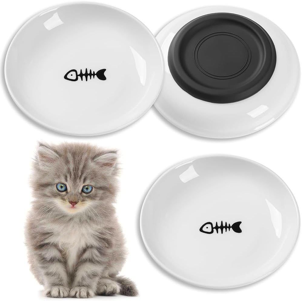 Cat Food Bowls,Fishbone Dish,Ceramic Cat Plate,Cute Fish Bone Design,Cat Dishes with Non Slip Silicone Bottom,Shallow Wide Kitten Plates,For Dry and Wet Food image number 6